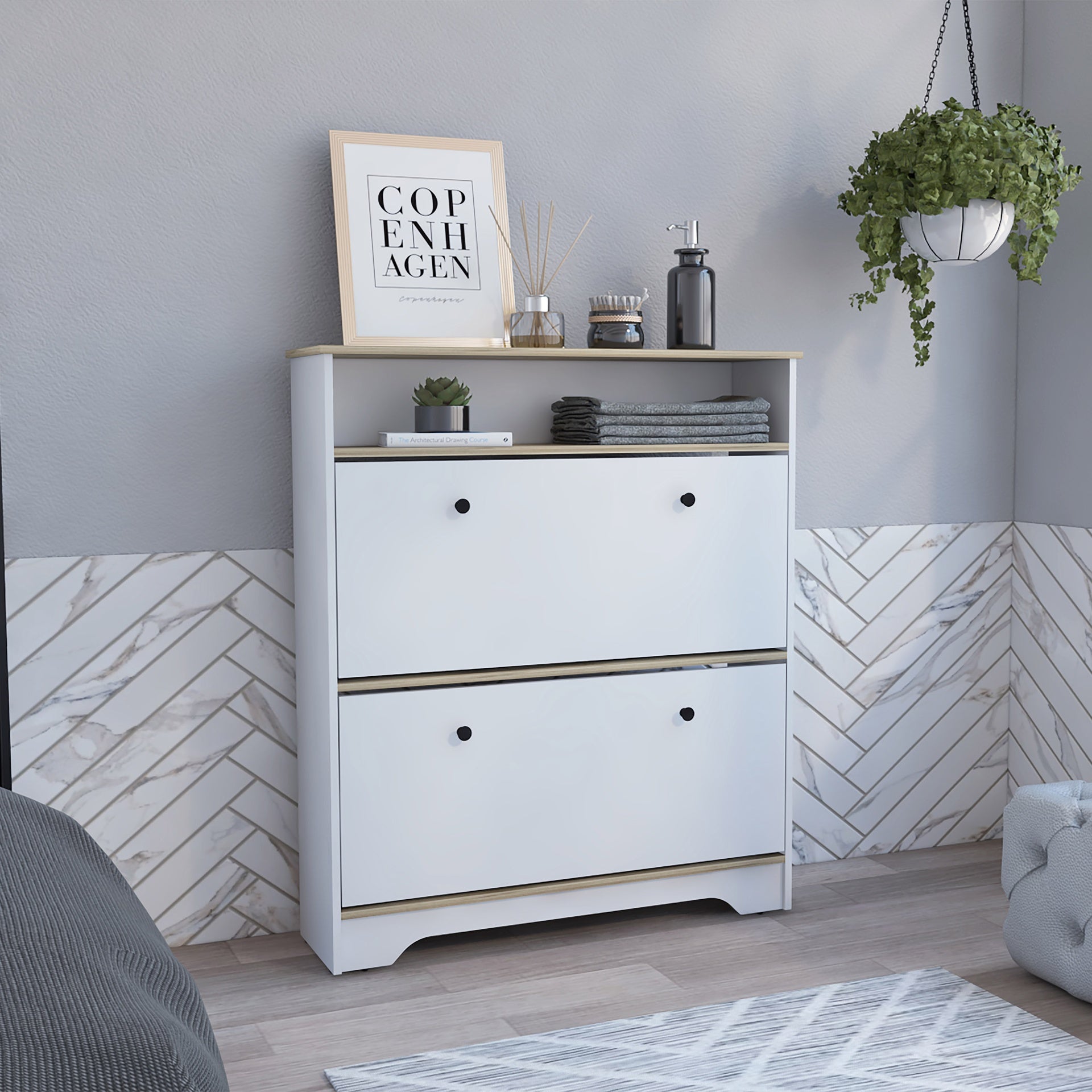 Shoe Rack 46 inch H, One Open Storage Shelf, Two Internal Storage Drawers, Two Doors, Light Oak / White