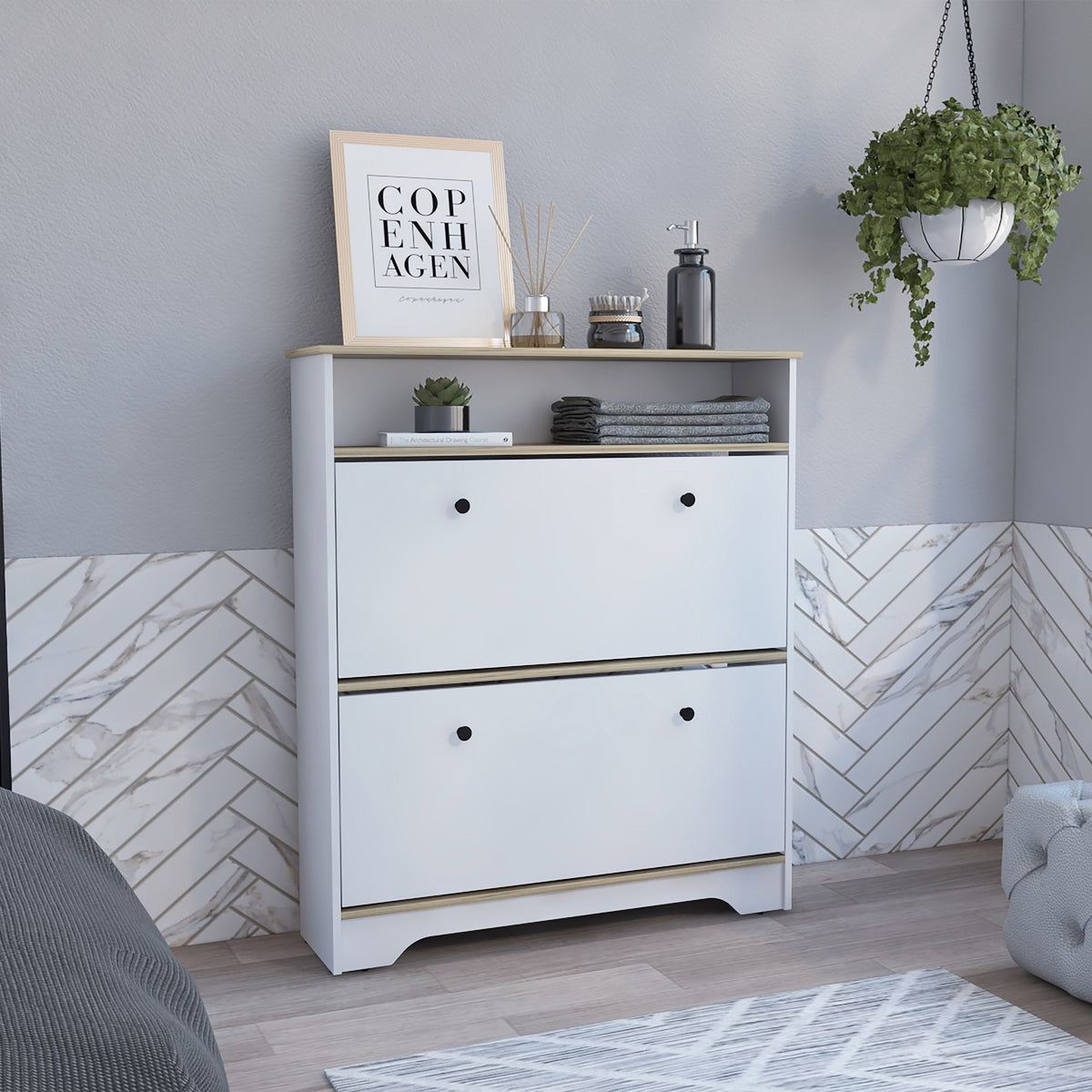Shoe Rack 46 inch H, One Open Storage Shelf, Two Internal Storage Drawers, Two Doors, Light Oak / White