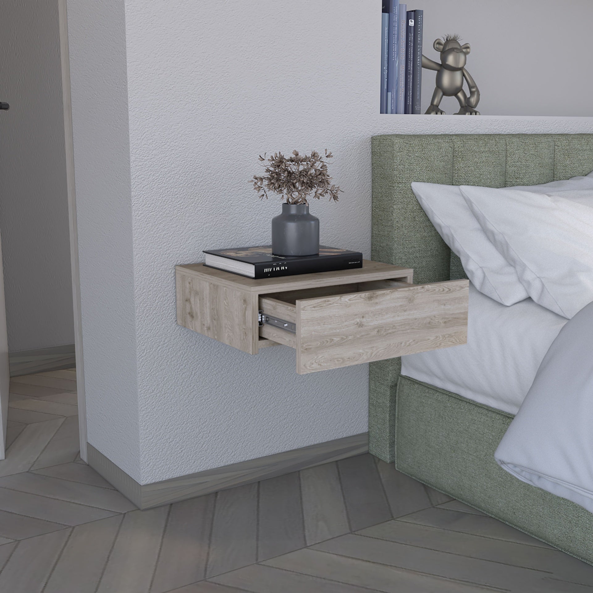 Floating Nightstand 5"H, Modern Wall-Mounted Bedside Shelf with Drawer, Light Gray