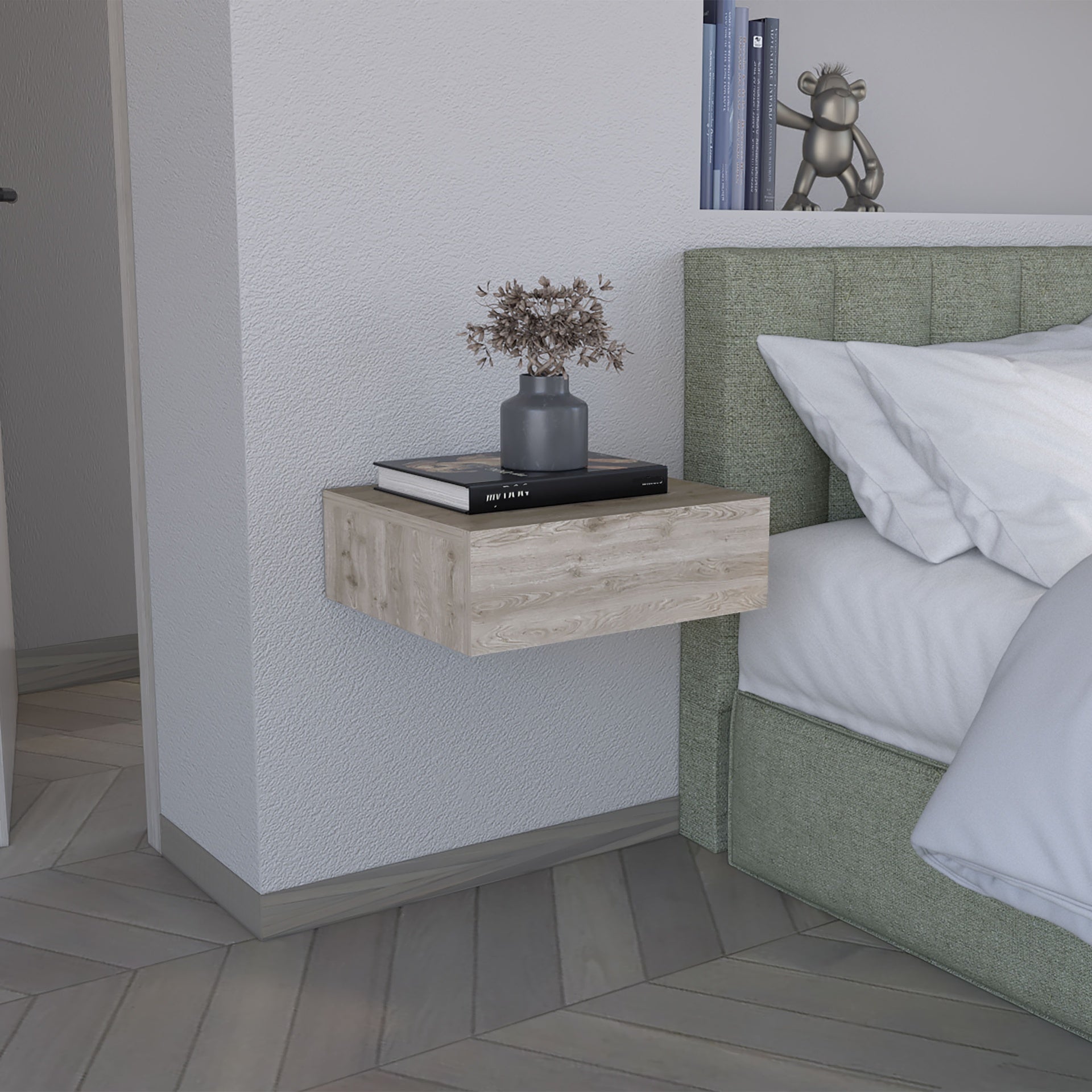 Floating Nightstand 5"H, Modern Wall-Mounted Bedside Shelf with Drawer, Light Gray