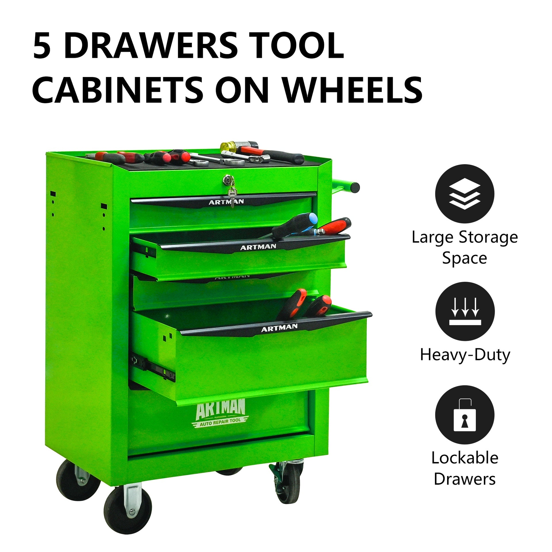 Rolling Metal Tool Chest with 5 Drawers, 20" 5-Drawer Tool Chest Cabinet with Ball Bearing Drawer Slides, Steel Tool Storage Box Organizer -GREEN