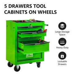 Rolling Metal Tool Chest with 5 Drawers, 20" 5-Drawer Tool Chest Cabinet with Ball Bearing Drawer Slides, Steel Tool Storage Box Organizer -GREEN