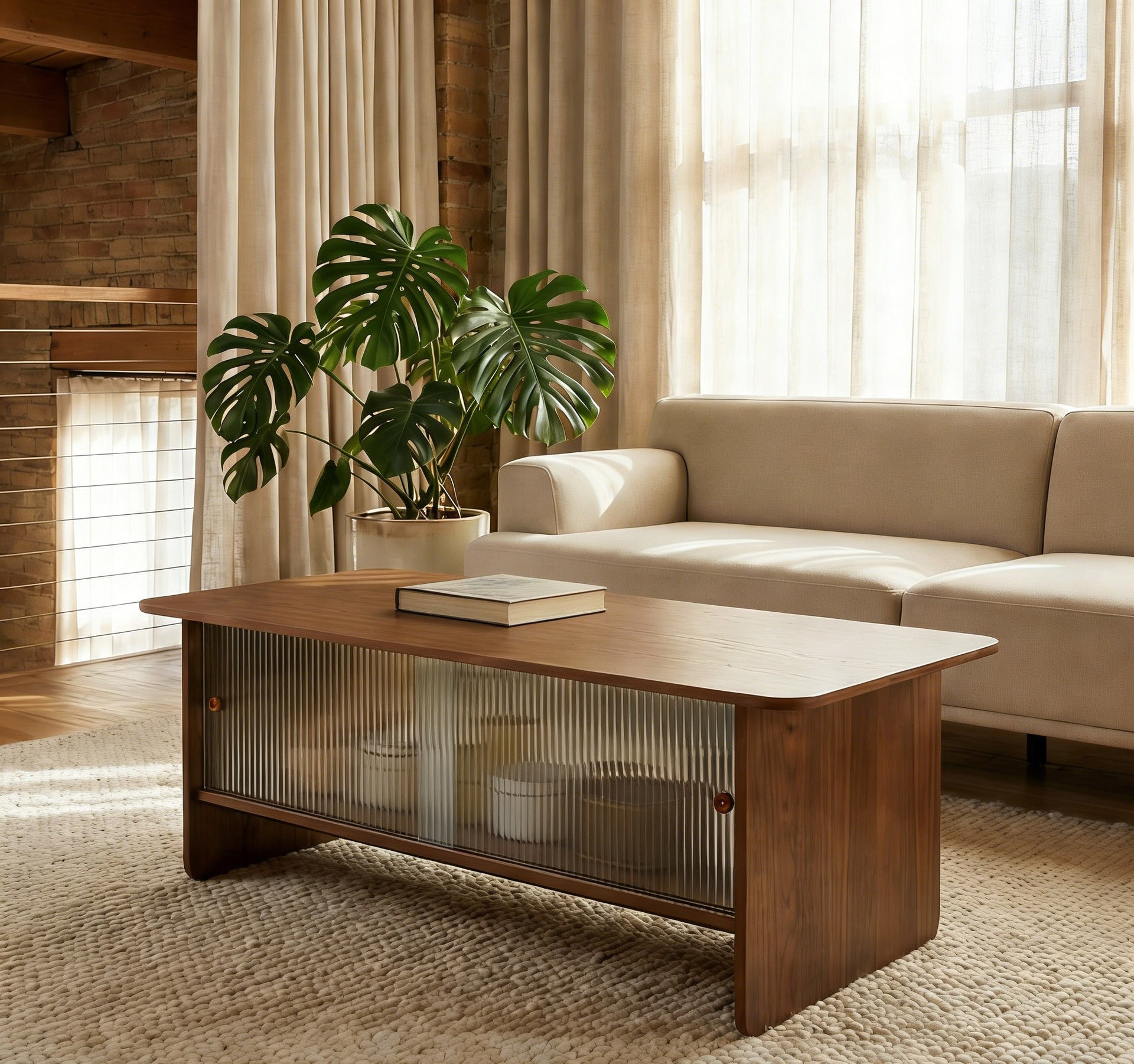 47-inch rectangular modern minimalist coffee table with a storage cabinet featuring glass sliding doors, suitable for living rooms, bedrooms and offices, easy to assemble, brown