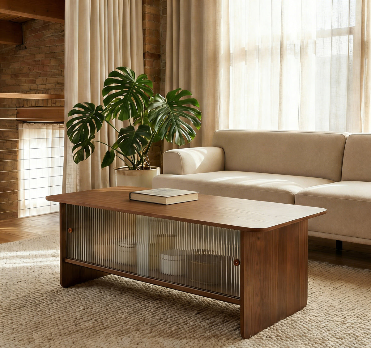 47-inch rectangular modern minimalist coffee table with a storage cabinet featuring glass sliding doors, suitable for living rooms, bedrooms and offices, easy to assemble, brown