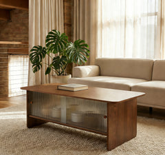 47-inch rectangular modern minimalist coffee table with a storage cabinet featuring glass sliding doors, suitable for living rooms, bedrooms and offices, easy to assemble, brown