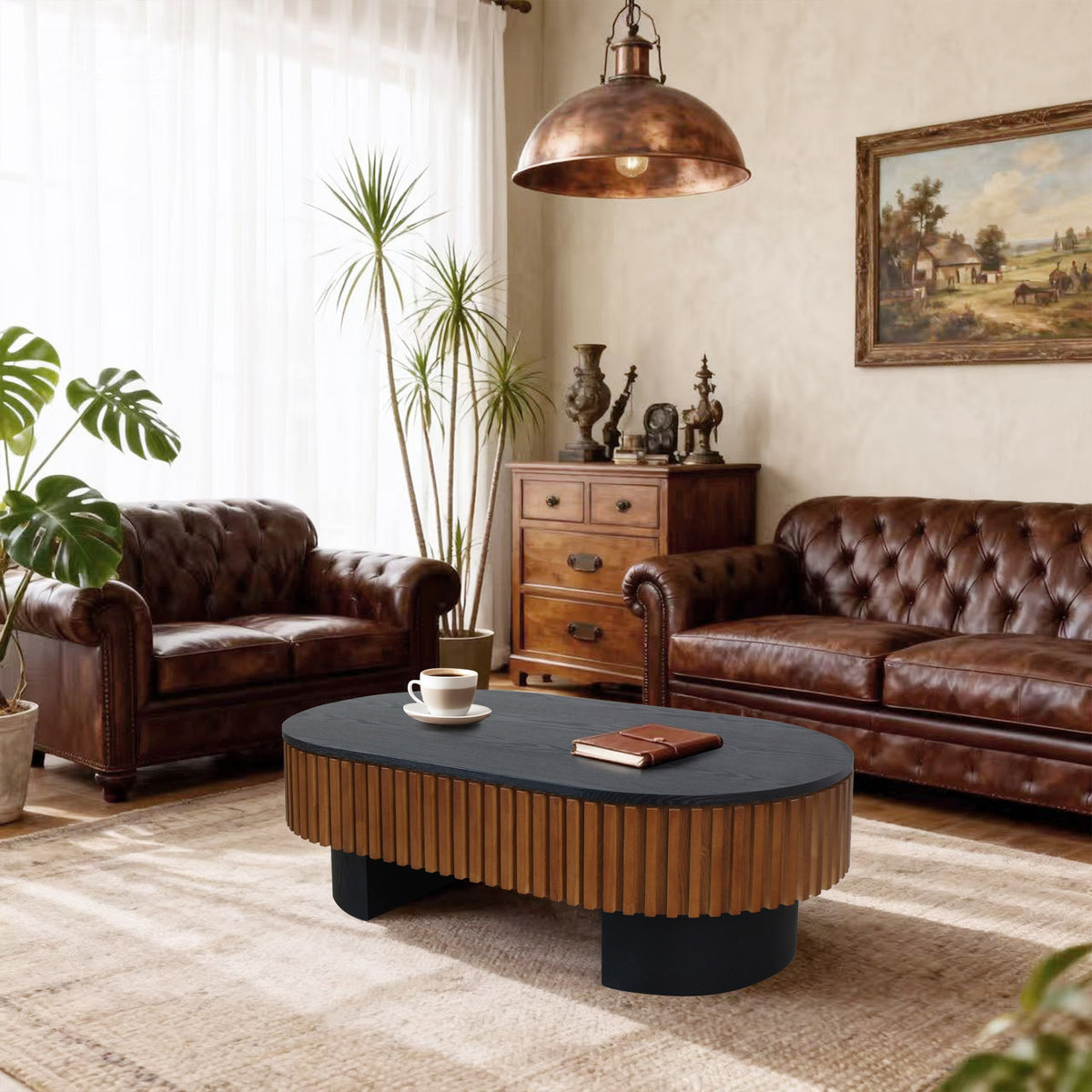 43.7"Elliptical living room coffee table with hidden storage and removable tabletop, solid wood veneer modern coffee table. Suitable for living rooms, bedrooms, apartments or offices, black + walnut