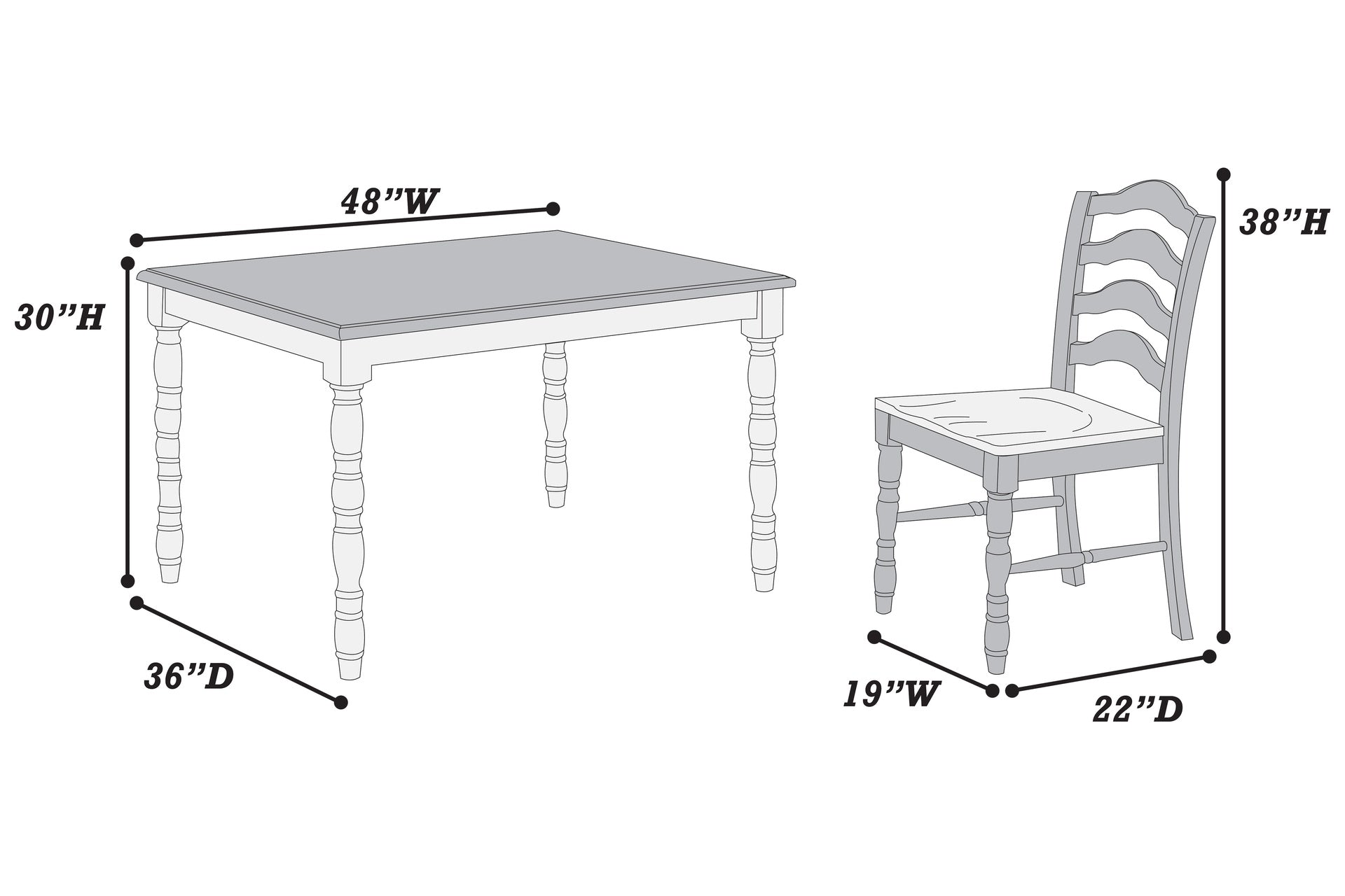 5-Piece Ranch Style Dining Set with Oak Top Table & Ladder Back Chairs