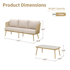Outdoor Wicker Rattan Patio Furniture All-Weather 3-Seat Sofa with Coffee Table for Garden, Backyard, Porch