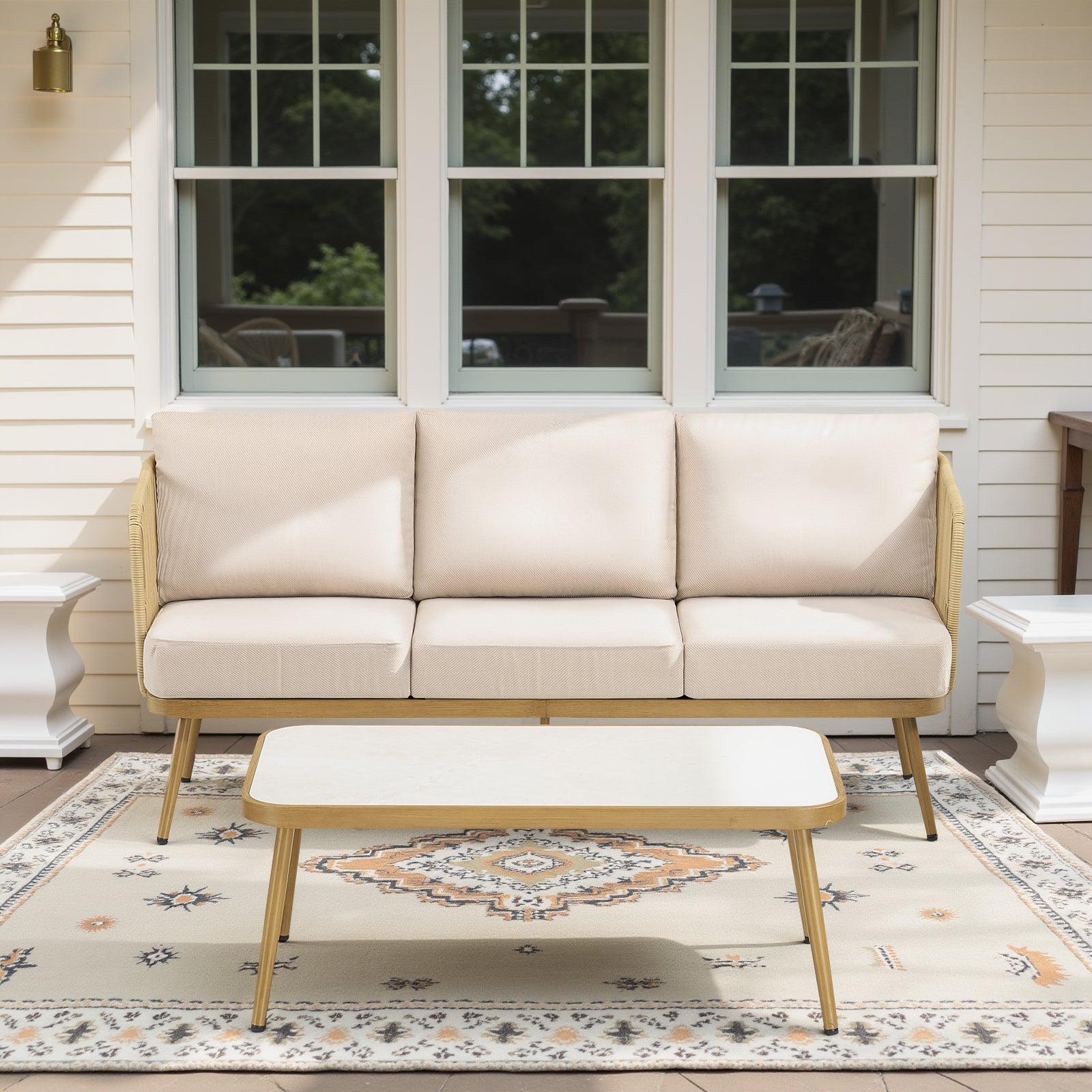 Outdoor Wicker Rattan Patio Furniture All-Weather 3-Seat Sofa with Coffee Table for Garden, Backyard, Porch