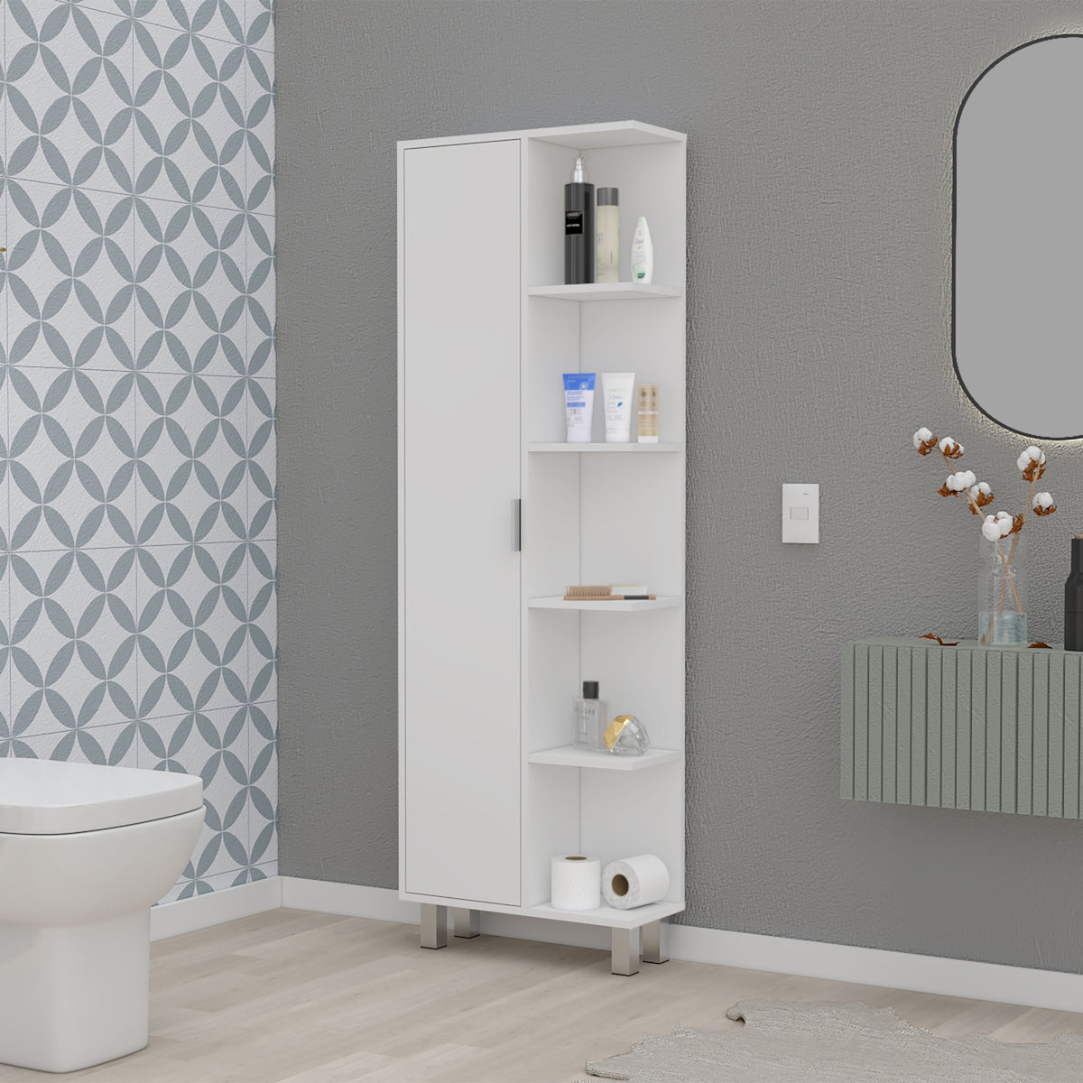 FM FURNITURE Randall Linen Cabinet, with 1  door and 9 shelves, White