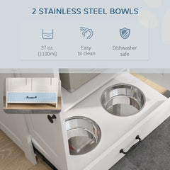 PawHut Dog Feeding Station, Dog Food Storage Cabinet with Hidden Dog Bowls, Adjustable Panel, Hooks for Medium Sized Dogs, White