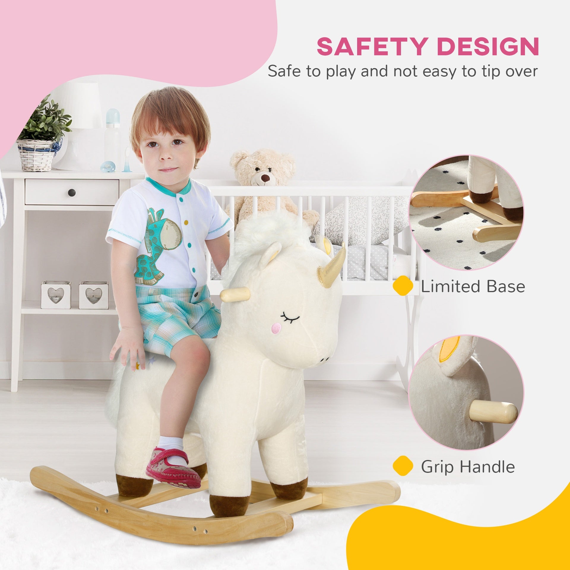 Qaba Rocking Horse, Plush Ride on Unicorn with Realistic Sound, Wooden Base, Toddler Rocking Horse for 2-4 Years, White