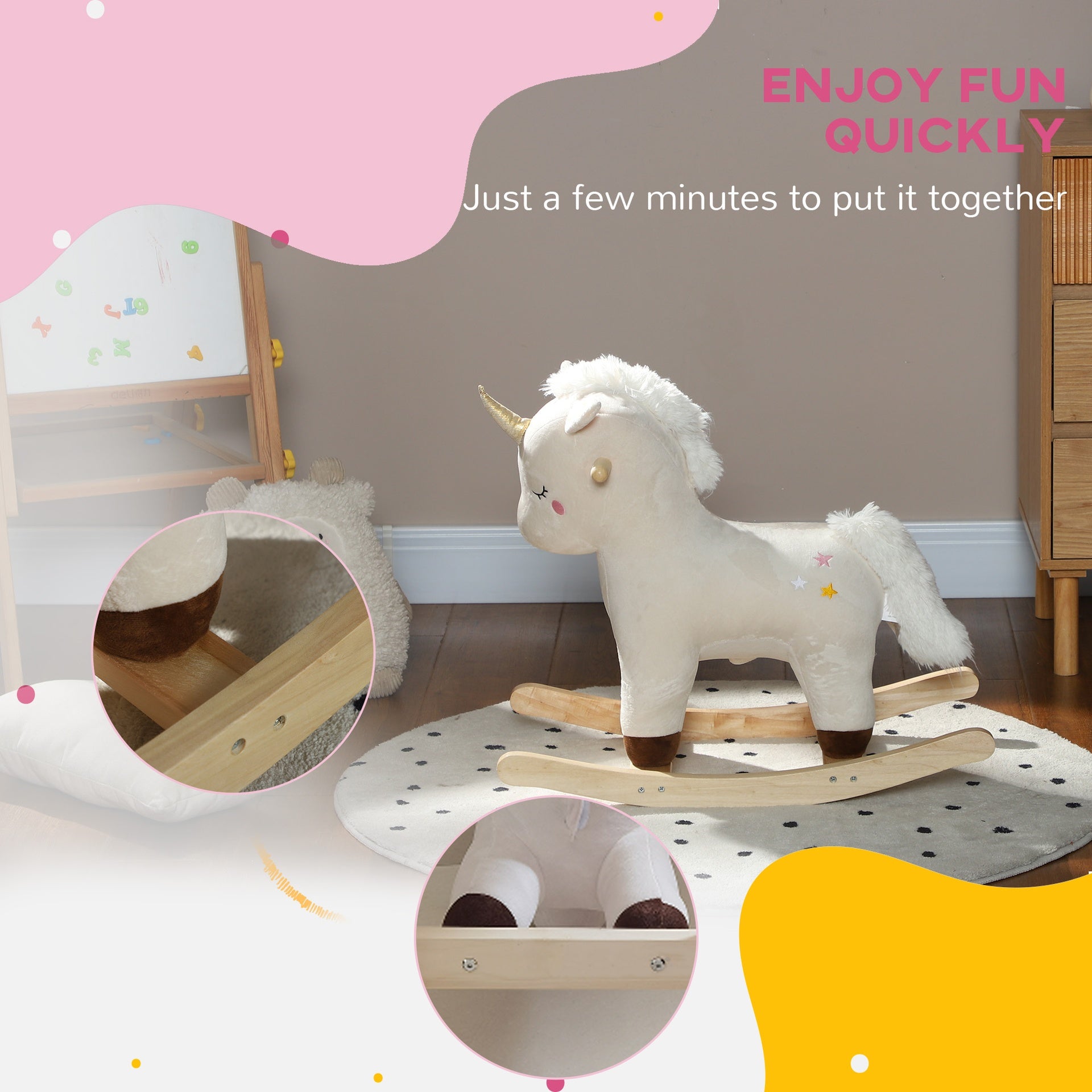 Qaba Rocking Horse, Plush Ride on Unicorn with Realistic Sound, Wooden Base, Toddler Rocking Horse for 2-4 Years, White