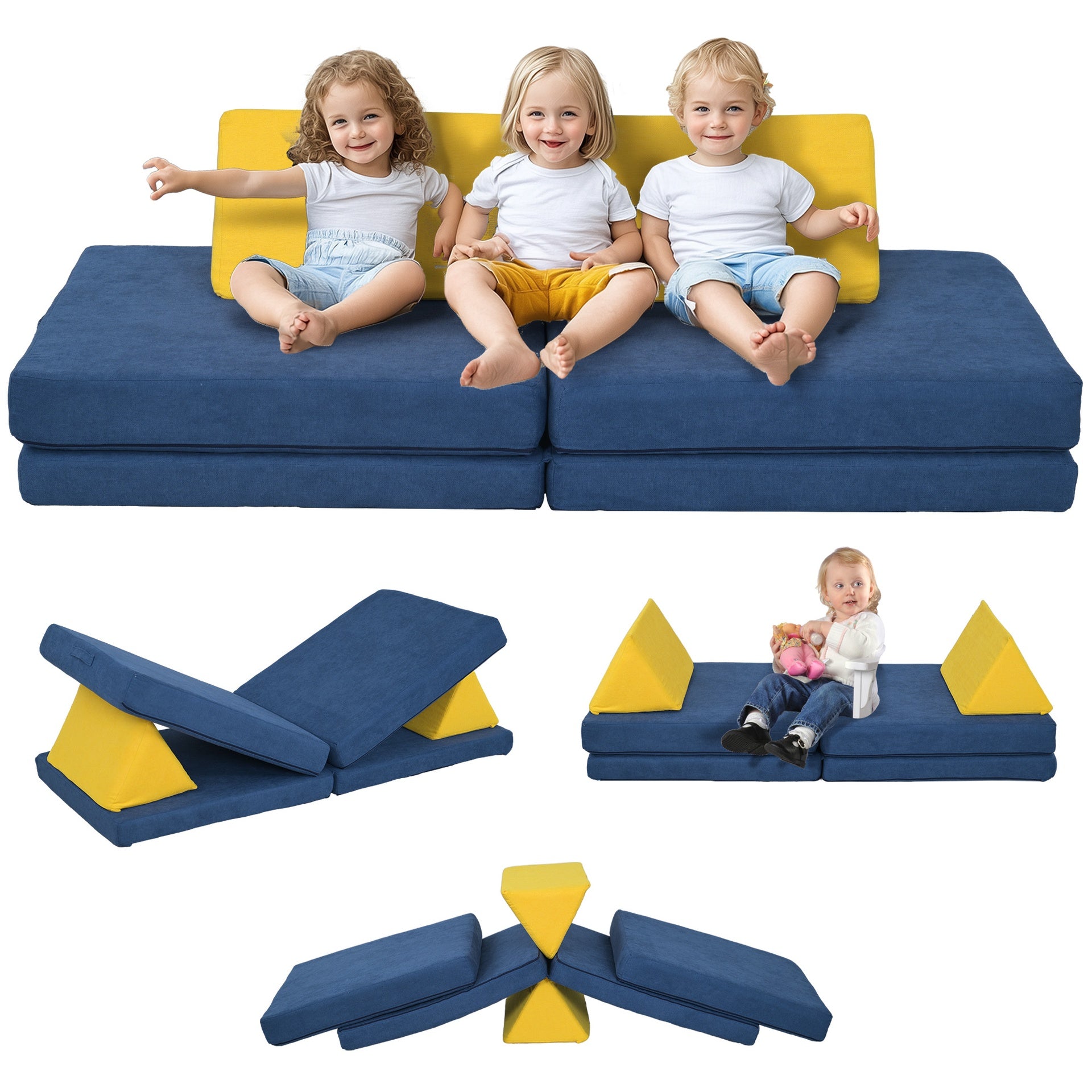 Qaba Modular Kids Play Couch, 6 Piece Kids Couch for Playroom or Bedroom, Foam Couch for Kids with Washable Cover for Toddlers 18+ Months, Blue
