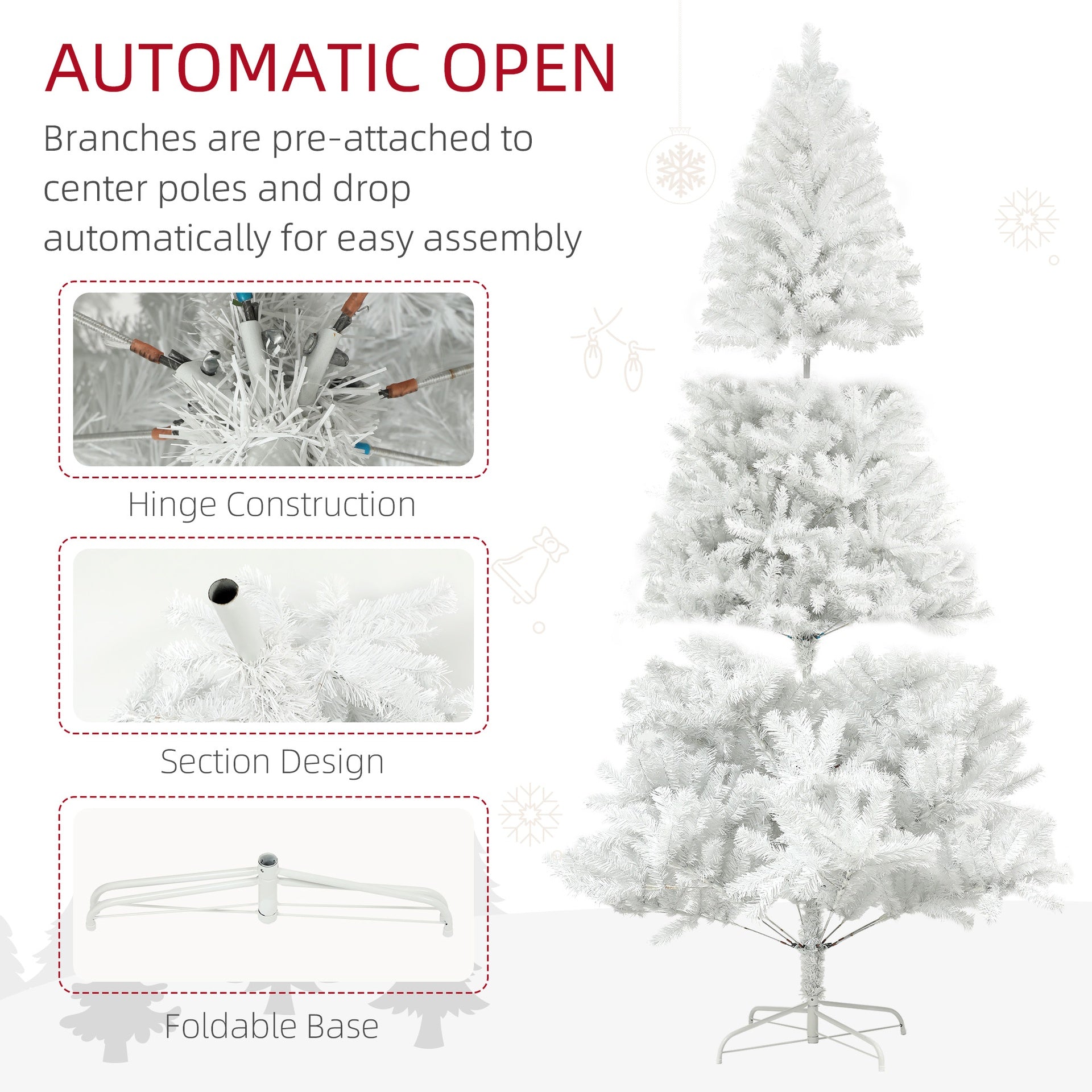 HOMCOM 9ft Tall Artificial Christmas Tree, Unlit Xmas Tree with 2132 Branch Tips, Auto Open, Steel Base, Holiday Décor for Home Office, White