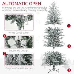 HOMCOM 7.5ft Tall Prelit Artificial Christmas Tree Holiday Décor with 850 Snow Flocked Branches, 350 Warm Yellow Clear Lights, Auto Open, Extra Bulb