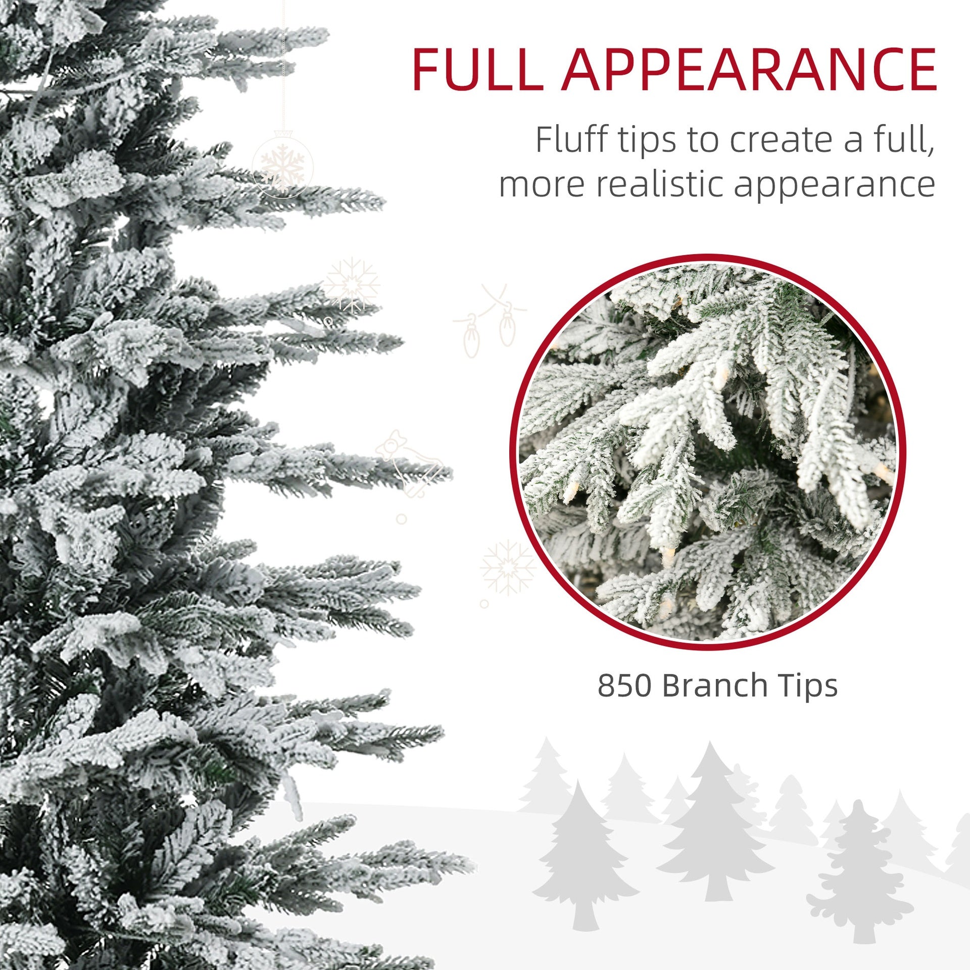 HOMCOM 7.5ft Tall Prelit Artificial Christmas Tree Holiday Décor with 850 Snow Flocked Branches, 350 Warm Yellow Clear Lights, Auto Open, Extra Bulb