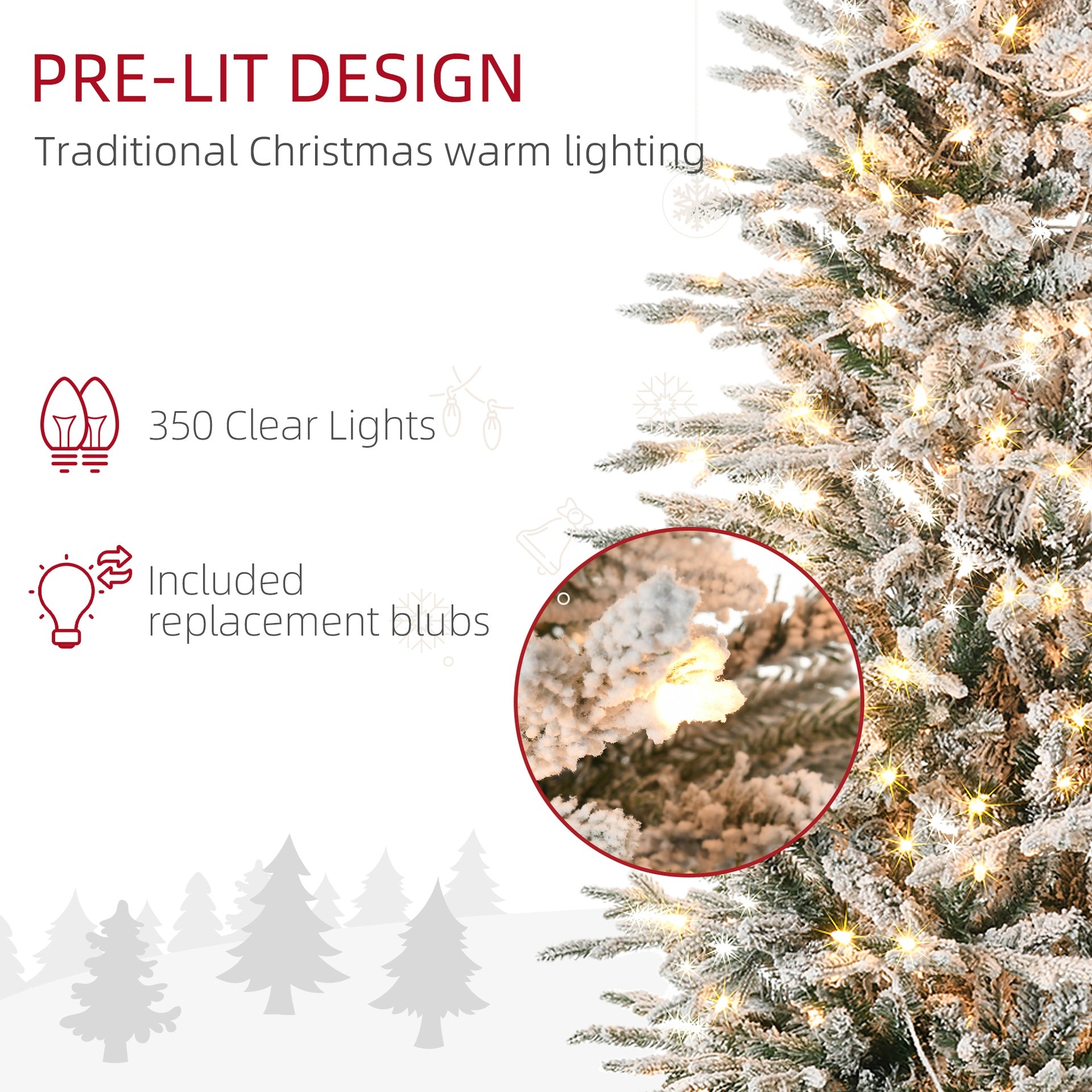HOMCOM 7.5ft Tall Prelit Artificial Christmas Tree Holiday Décor with 850 Snow Flocked Branches, 350 Warm Yellow Clear Lights, Auto Open, Extra Bulb