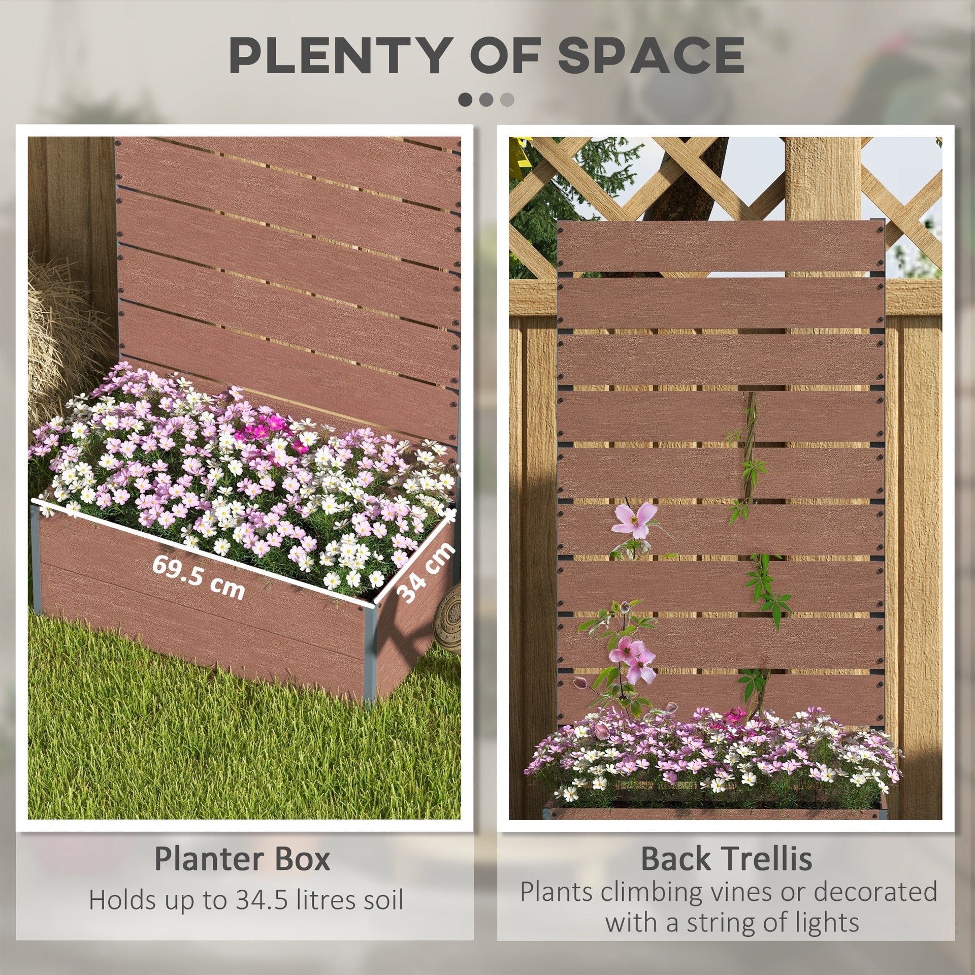Outsunny Raised Garden Bed with Trellis for Climbing Plants, Planter Box with Drainage Gap, Freestanding Trellis Planter for Outdoor, Patio, Deck, 28.25" x 15" x 59", Brown