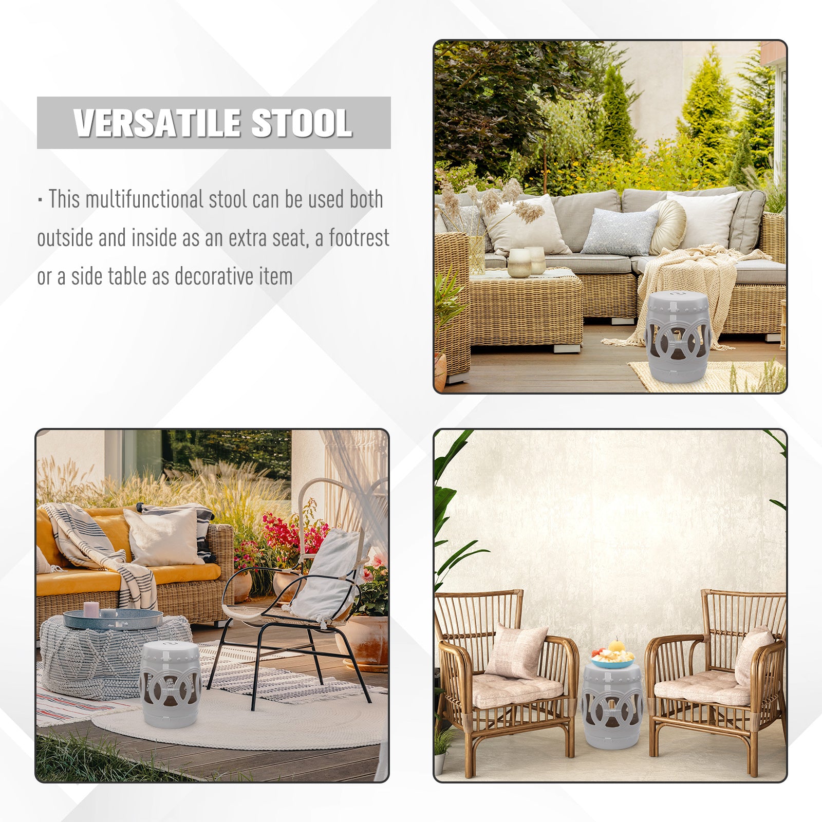 Outsunny 14" x 17" Ceramic Garden Stool with Double-Coin Knotted Ring Design & Strong Glazed Material, Decorative End Table, Home Collection, White