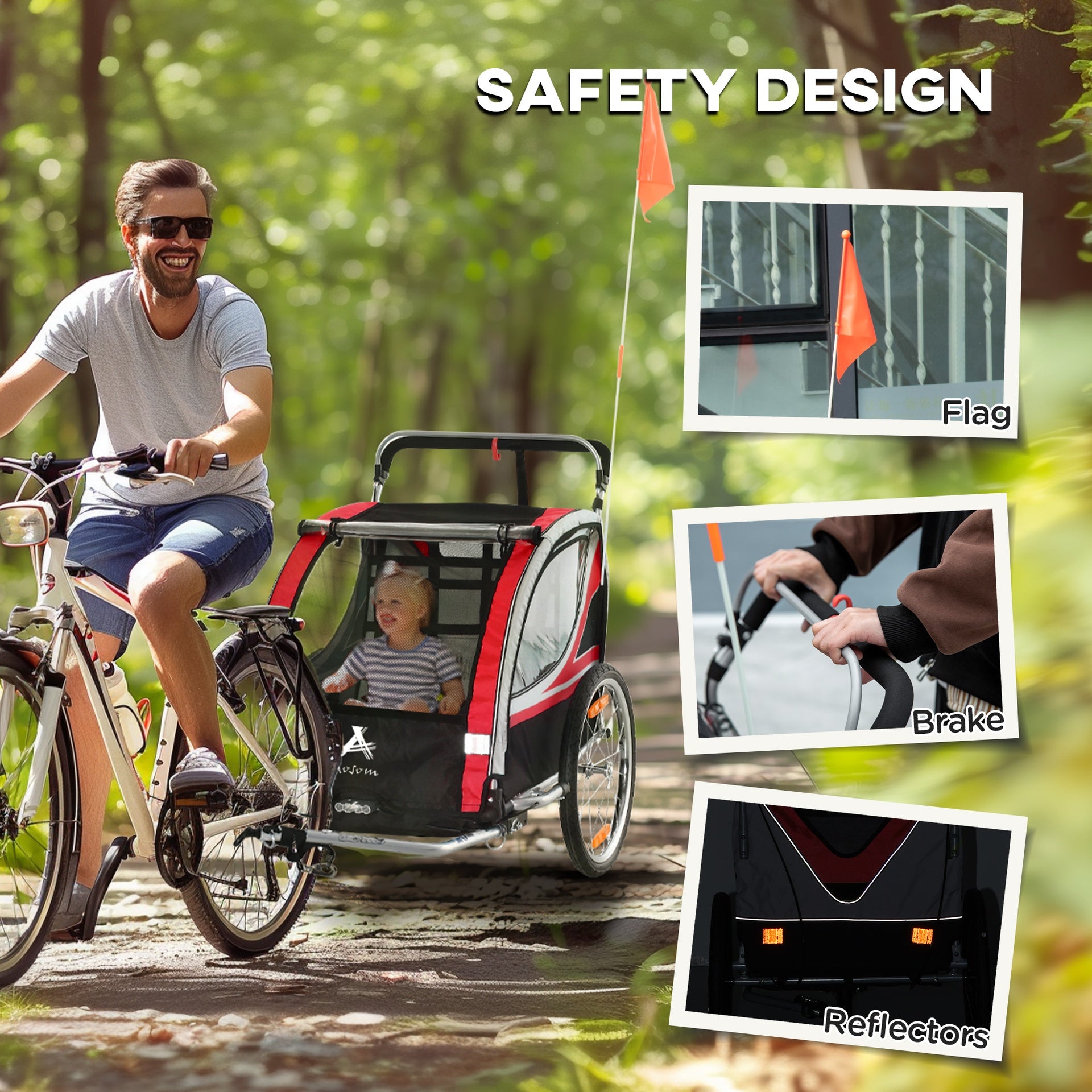 Aosom 2-in-1 Walk/Ride Child Baby Bike Trailer for Kids 2 Seater, High-Visibility Bike Stroller for Toddler Wagon, Weather-Strong Double Bicycle Trailer Accessory for Kids, Red