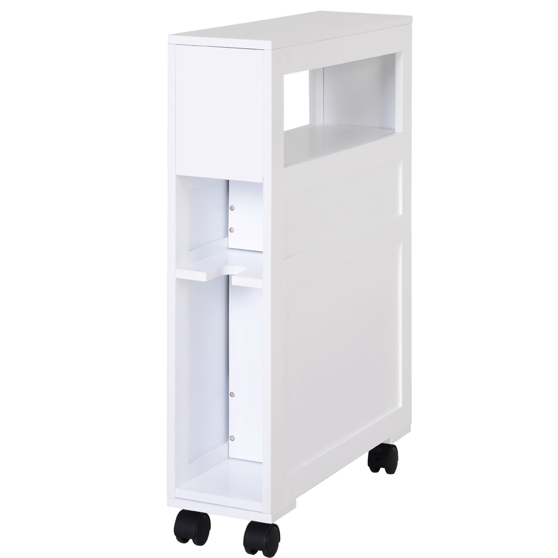 HOMCOM 6.25" x 20.5" x 28.25" Wood Rolling Narrow Bathroom Side Storage Cabinet - White