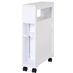 HOMCOM 6.25" x 20.5" x 28.25" Wood Rolling Narrow Bathroom Side Storage Cabinet - White