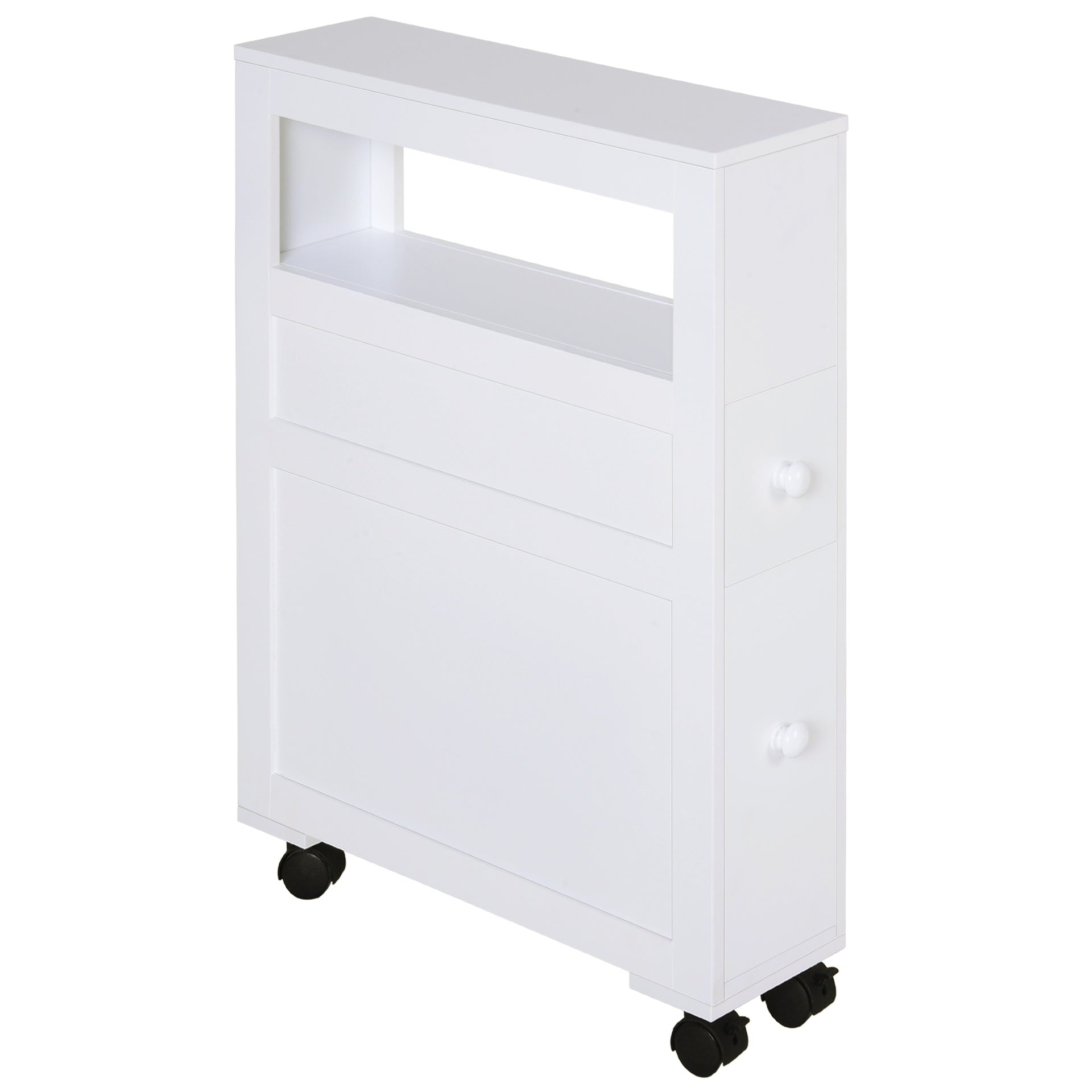HOMCOM 6.25" x 20.5" x 28.25" Wood Rolling Narrow Bathroom Side Storage Cabinet - White