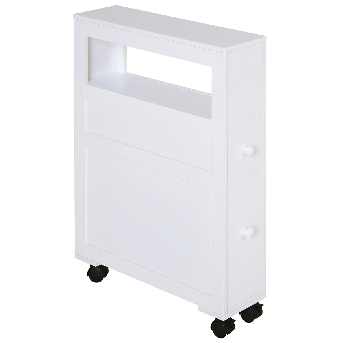 HOMCOM 6.25" x 20.5" x 28.25" Wood Rolling Narrow Bathroom Side Storage Cabinet - White