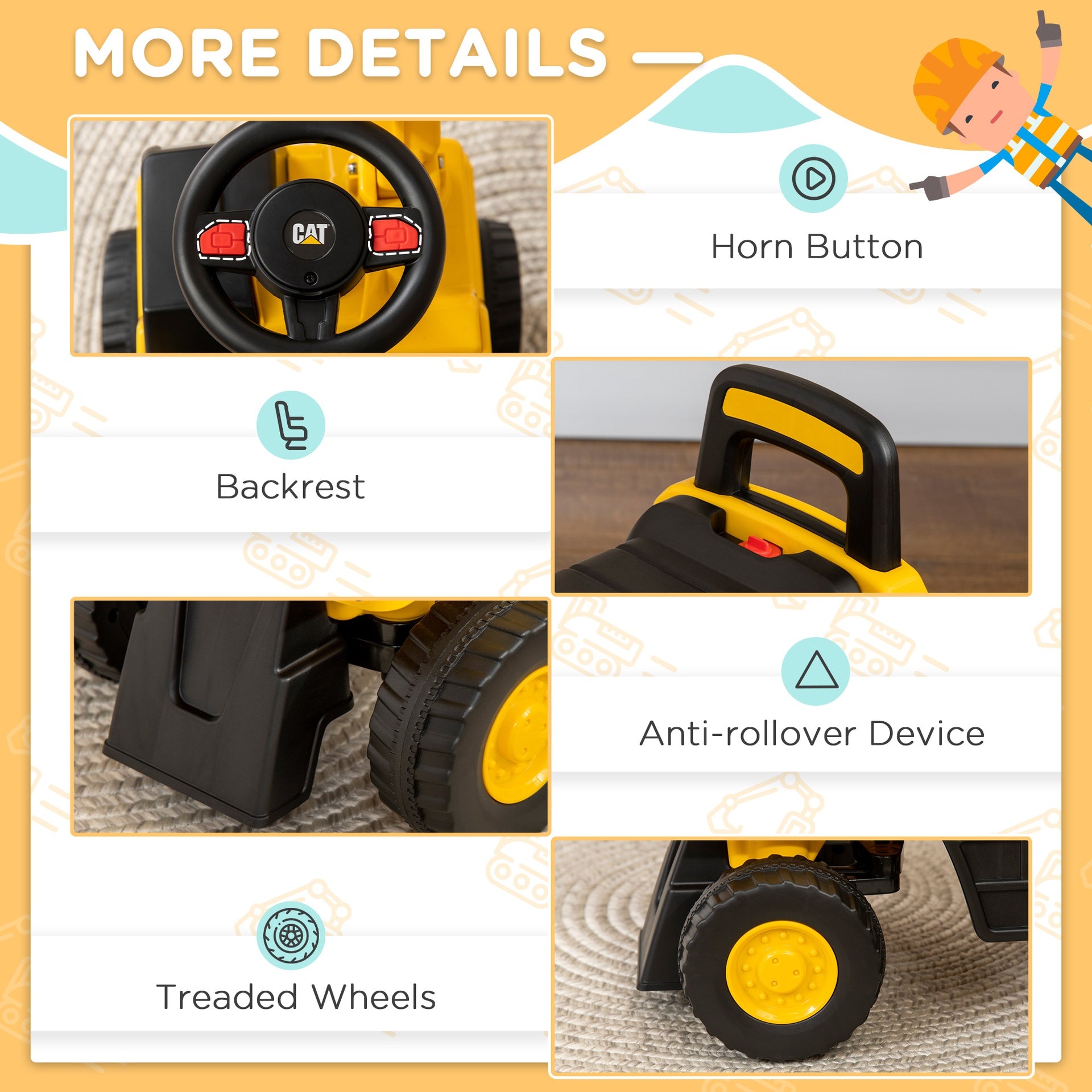 Aosom Excavator Ride on Toy, CAT Licensed Kids Manual Pedal Ride on Excavator with Manual Shovel, Horn, Hidden Storage for 18-36 Months Boys and Girls, Yellow