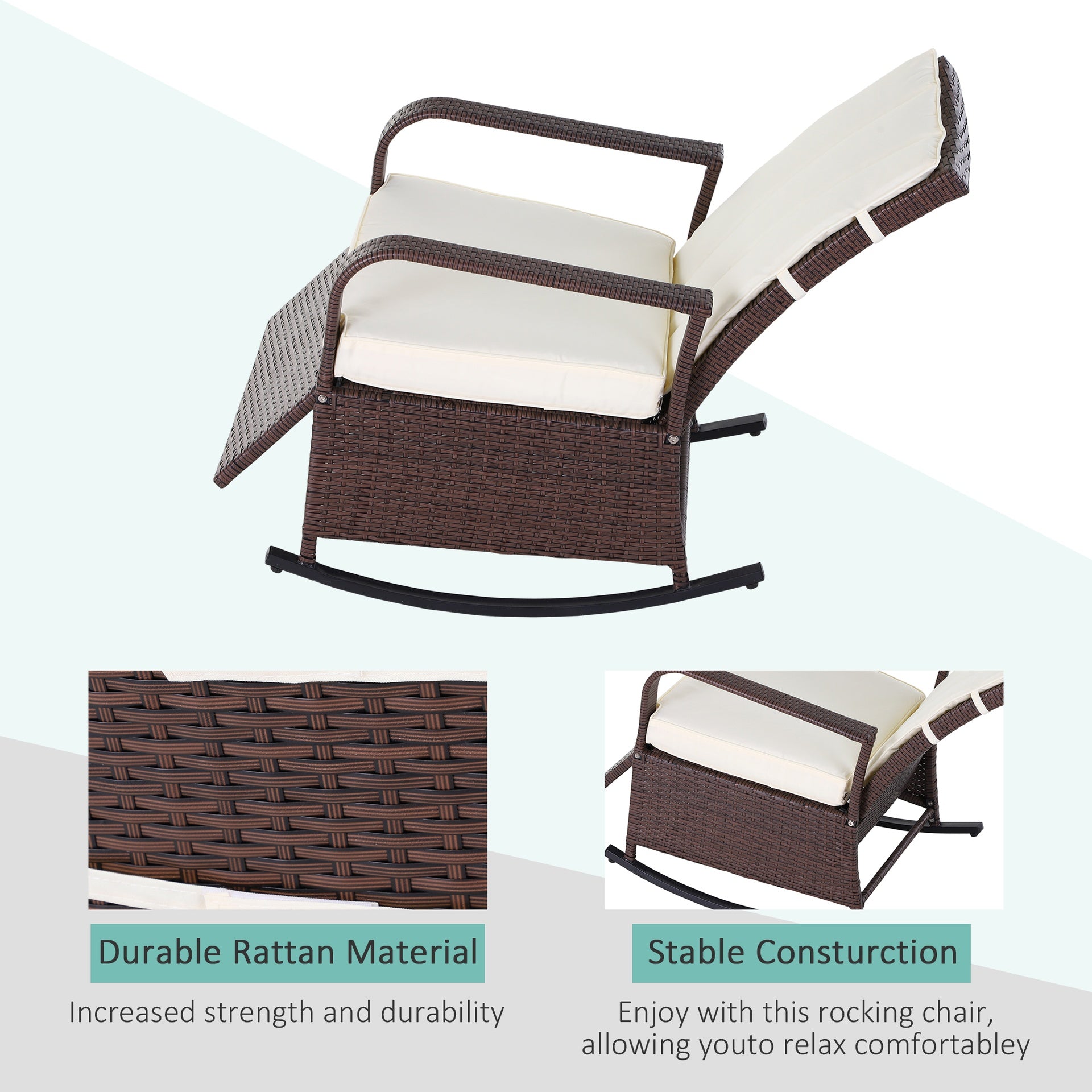 Outsunny Wicker Outdoor Rocking Chair, Patio Recliner with Adjustment Backrest, PE Rattan Lounge Chair with Adjustable Footrest and Cushions for Garden, Backyard, Porch, Beige