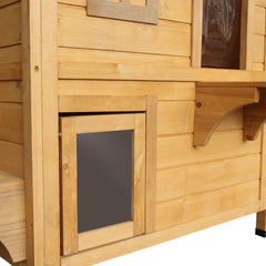 PawHut 2-story Cat House Outdoor, Weatherproof Wooden Cat Enclosure for Feral Cats with Escape Door, Openable Roof, Jumping Platforms, Natural