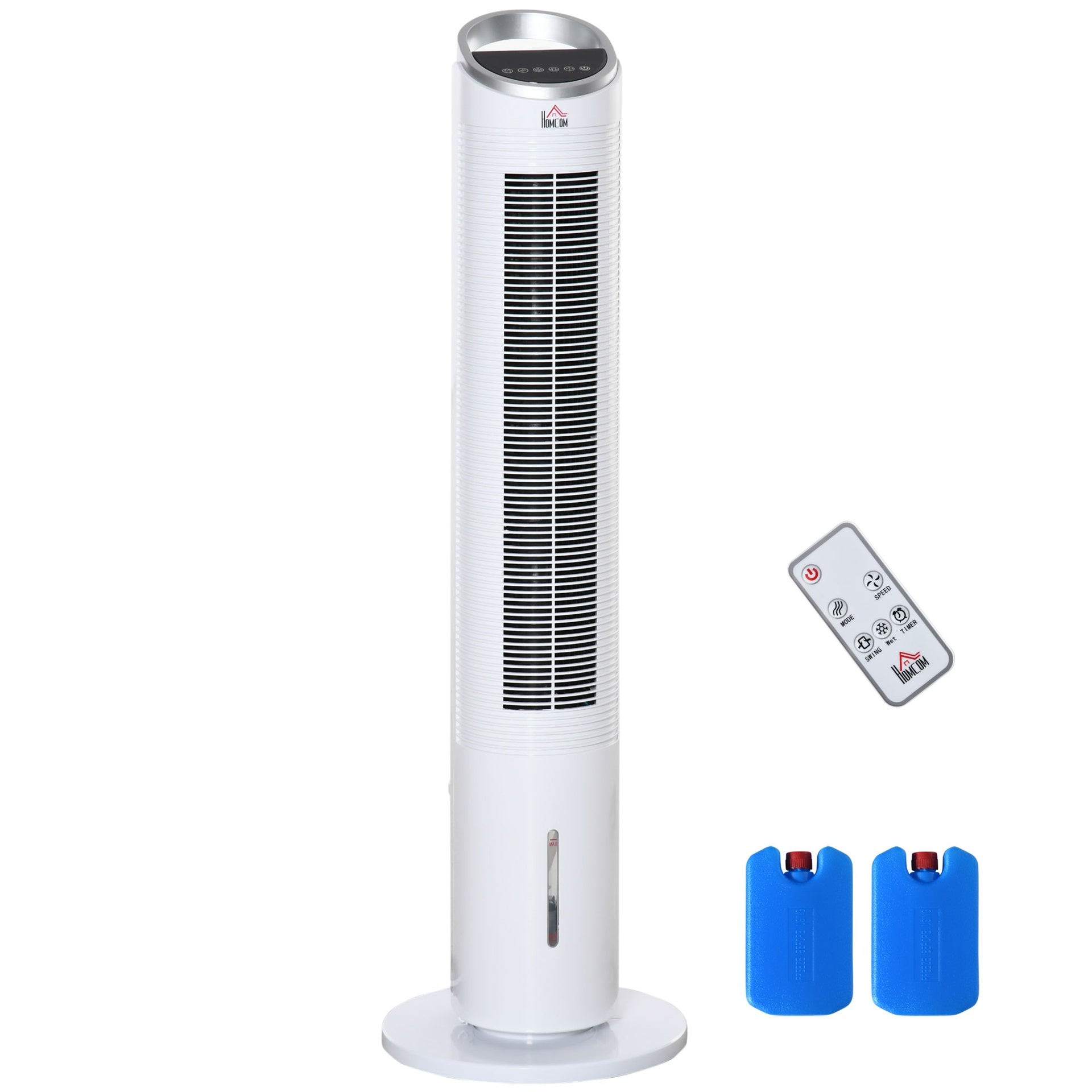 HOMCOM 40" Evaporative Air Cooler with Water Tank, 3-In-1 Ice Cooling Fan with Humidifier, 52° Oscillating Portable Swamp Cooler for Home Office, 3 Modes, 3 Speeds, 8H Timer, Remote, White