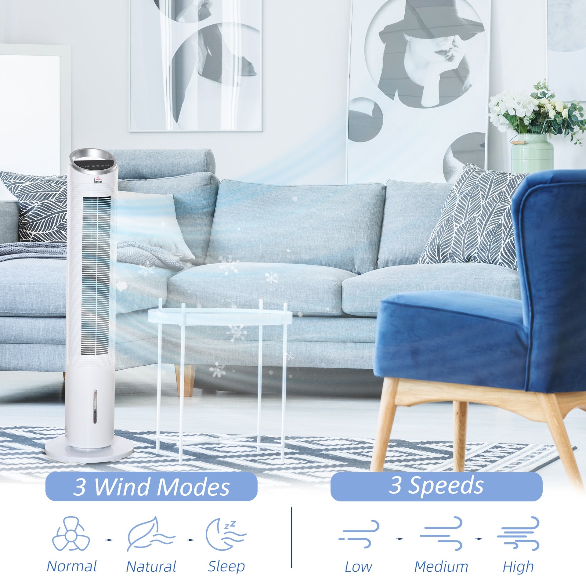 HOMCOM 40" Evaporative Air Cooler with Water Tank, 3-In-1 Ice Cooling Fan with Humidifier, 52° Oscillating Portable Swamp Cooler for Home Office, 3 Modes, 3 Speeds, 8H Timer, Remote, White