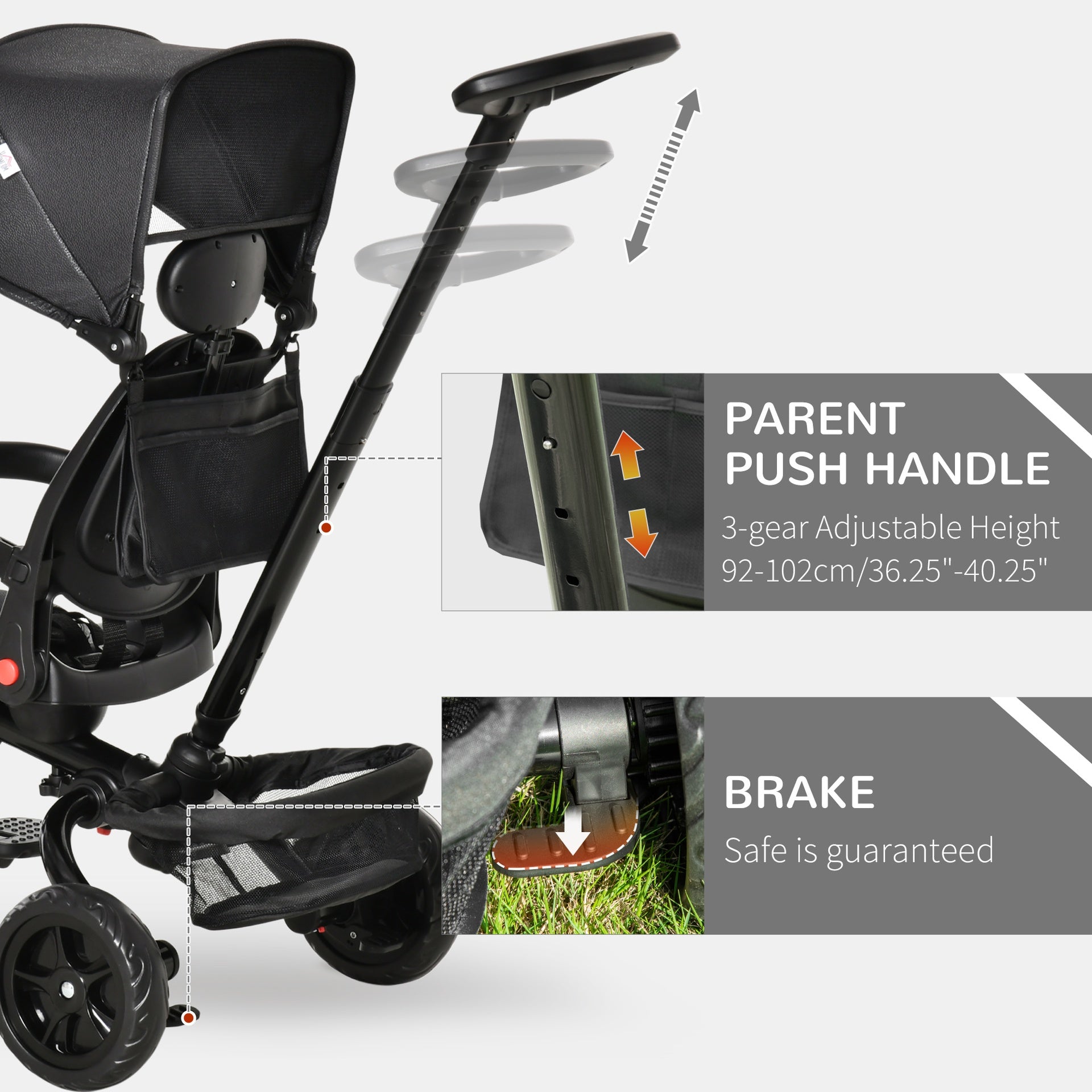Qaba Kids Tricycle 4 in 1 Trike with Reversible Seat, 2.8'-3.1' Height Push Handle, Canopy, Handrail, Safety Belt, Storage Footrest Brake Clutch, for 1-5 Years Old, Black