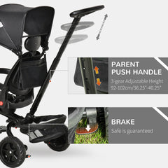 Qaba Kids Tricycle 4 in 1 Trike with Reversible Seat, 2.8'-3.1' Height Push Handle, Canopy, Handrail, Safety Belt, Storage Footrest Brake Clutch, for 1-5 Years Old, Black