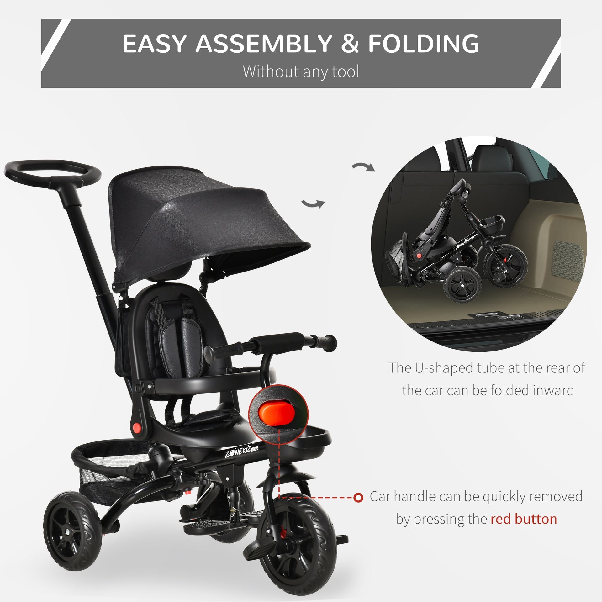 Qaba Kids Tricycle 4 in 1 Trike with Reversible Seat, 2.8'-3.1' Height Push Handle, Canopy, Handrail, Safety Belt, Storage Footrest Brake Clutch, for 1-5 Years Old, Black