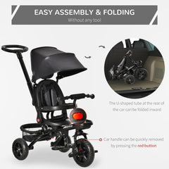 Qaba Kids Tricycle 4 in 1 Trike with Reversible Seat, 2.8'-3.1' Height Push Handle, Canopy, Handrail, Safety Belt, Storage Footrest Brake Clutch, for 1-5 Years Old, Black