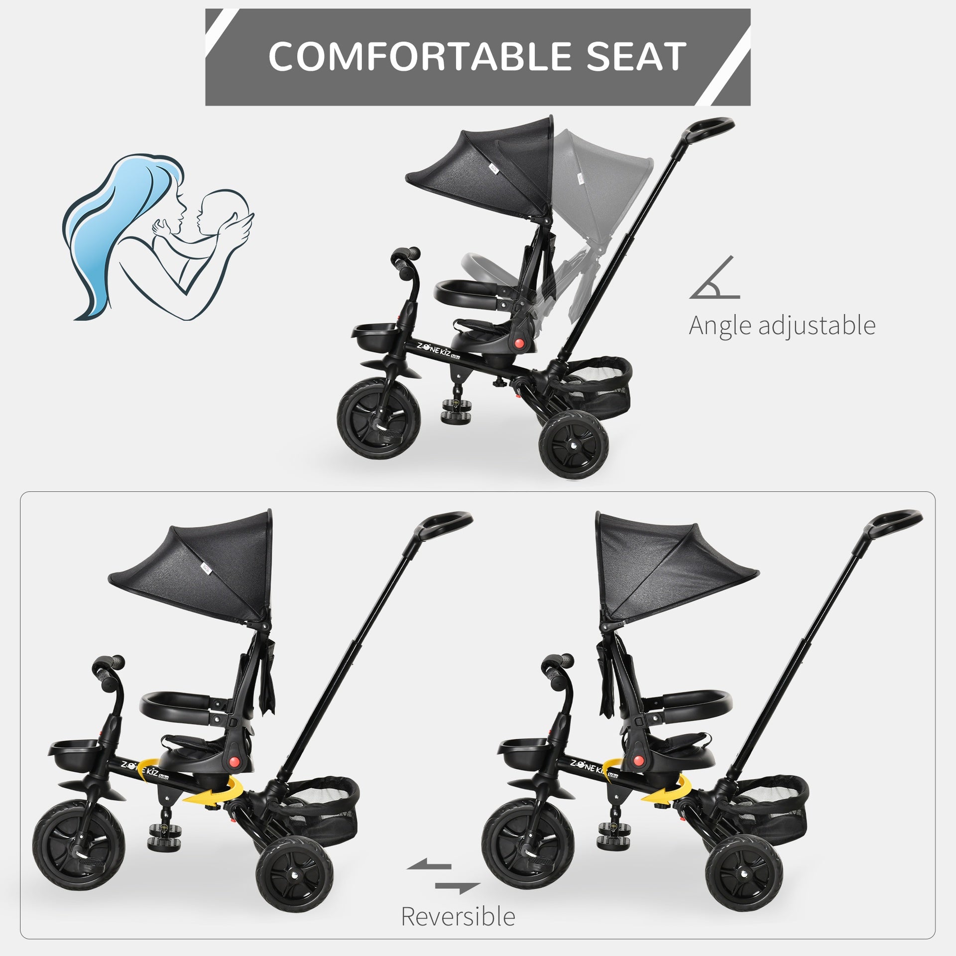 Qaba Kids Tricycle 4 in 1 Trike with Reversible Seat, 2.8'-3.1' Height Push Handle, Canopy, Handrail, Safety Belt, Storage Footrest Brake Clutch, for 1-5 Years Old, Black
