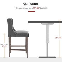 HOMCOM 26.25" Counter Height Bar Stools, Tufted Wingback Armless Upholstered Dining Chair with Rubber Wood Legs, Set of 2, Gray