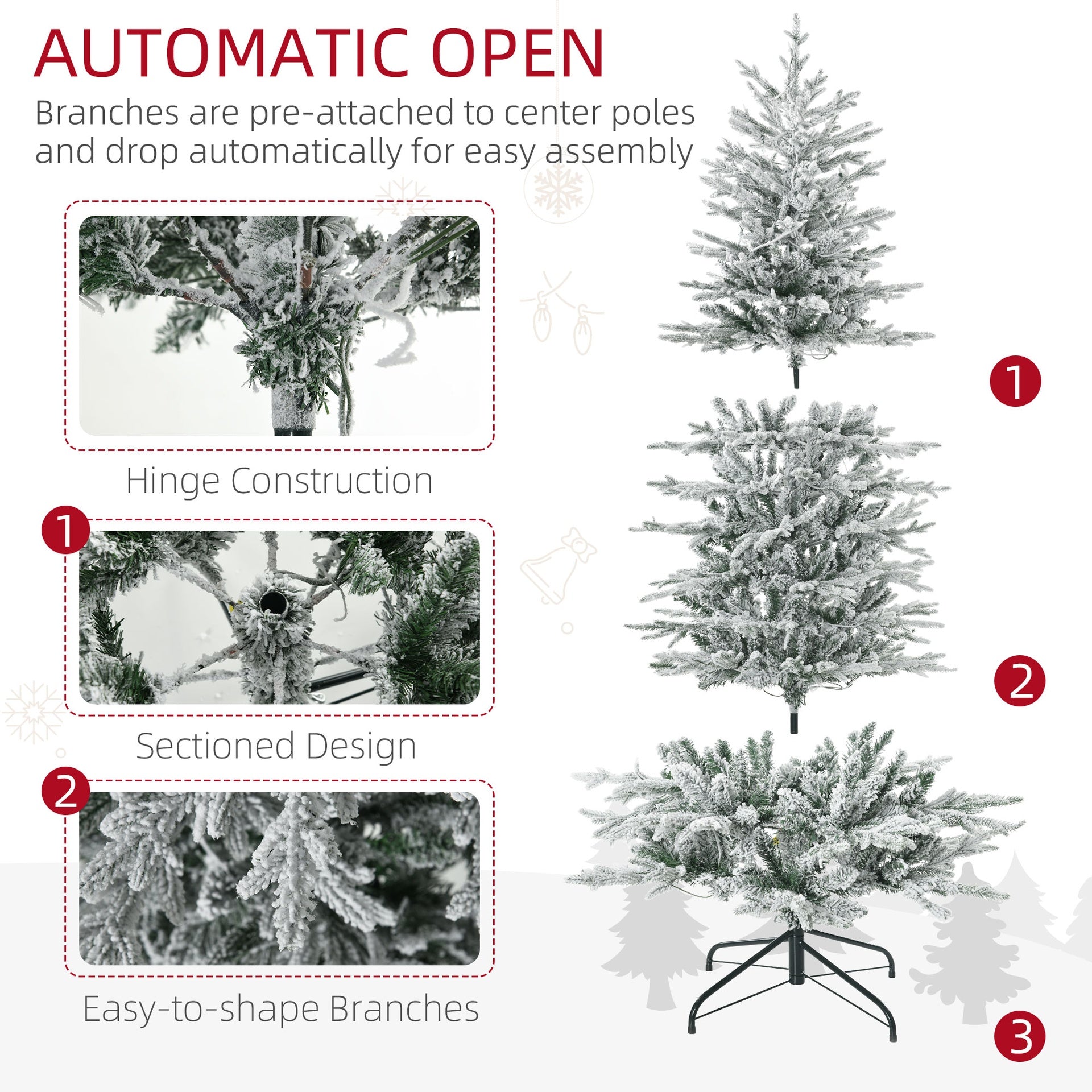 HOMCOM 6ft Tall Prelit Artificial Christmas Tree Holiday Décor with 636 Snow Flocked Branches, 250 Warm Yellow Clear Lights, Auto Open, Extra Bulb