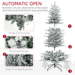 HOMCOM 6ft Tall Prelit Artificial Christmas Tree Holiday Décor with 636 Snow Flocked Branches, 250 Warm Yellow Clear Lights, Auto Open, Extra Bulb