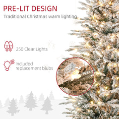 HOMCOM 6ft Tall Prelit Artificial Christmas Tree Holiday Décor with 636 Snow Flocked Branches, 250 Warm Yellow Clear Lights, Auto Open, Extra Bulb