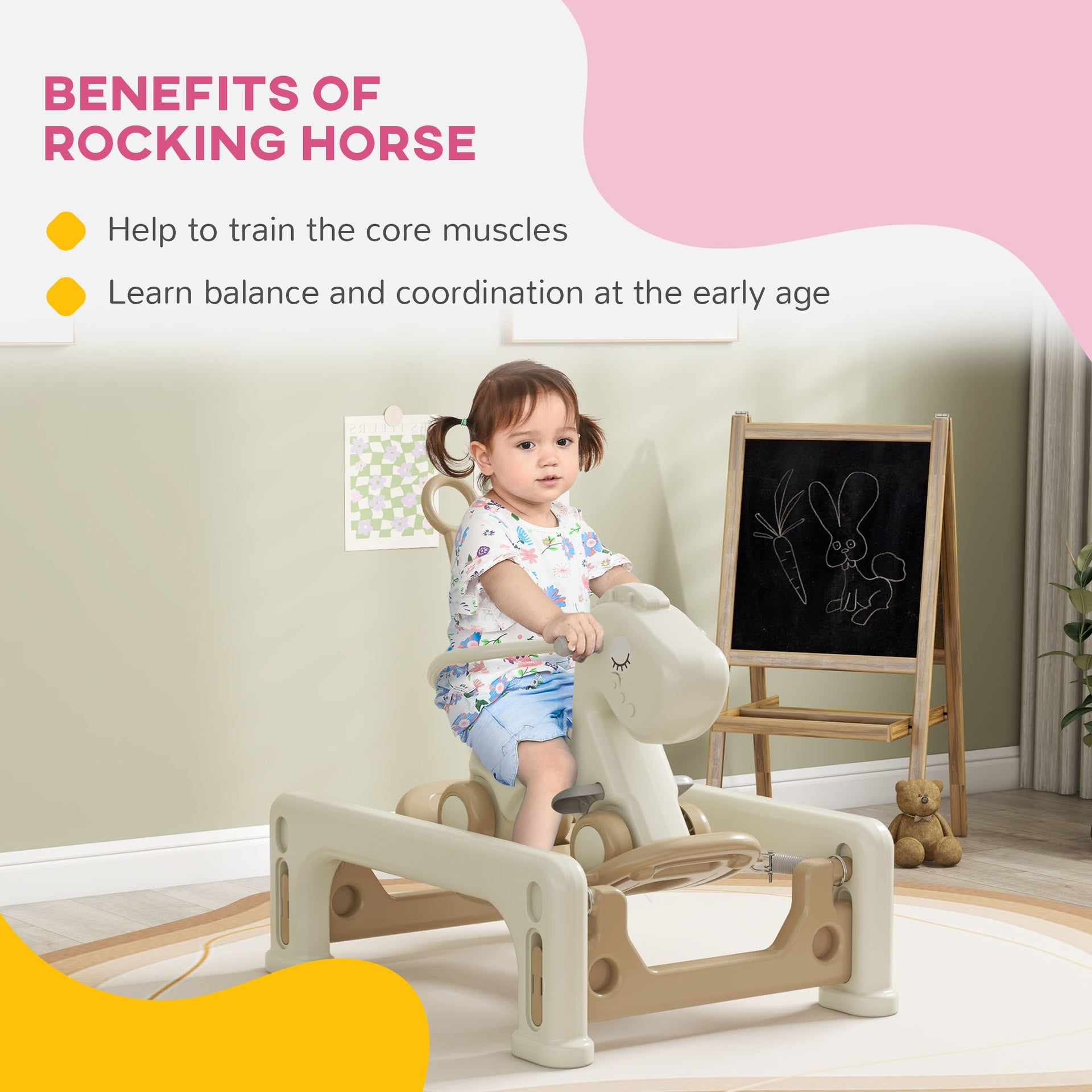 Qaba 5 in 1 Rocking Horse for Toddlers Years 1-6, Kids Spring Ride on Horse Balance Bike with Detachable Balance Board, Push Handle & Footrest for Baby Boys and Girls, Cream White