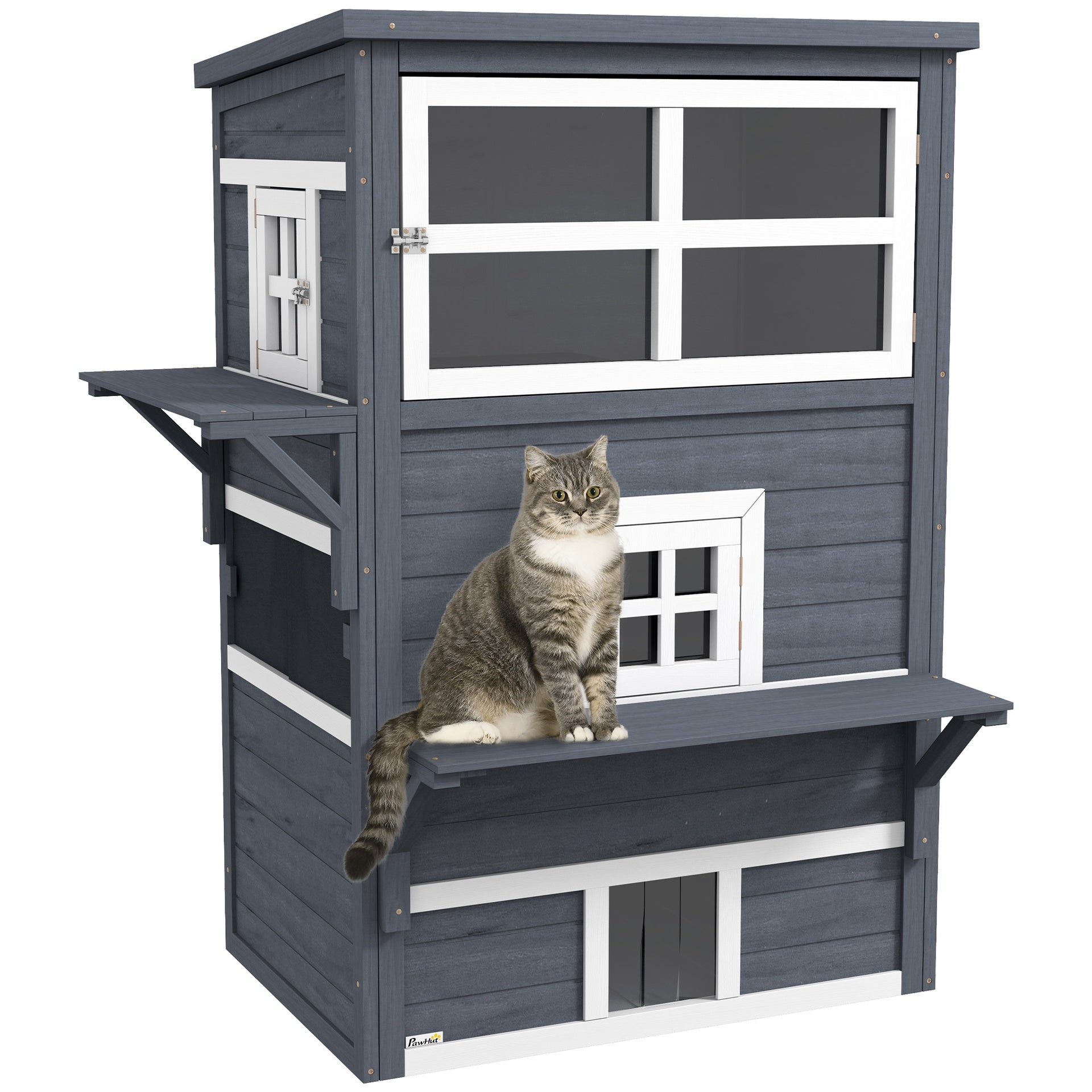 PawHut 3-Story Cat House Feral Cat Shelter, Outdoor Kitten Condo with Raised Floor, Asphalt Roof, Escape Doors, Jumping Platforms, Dark Gray