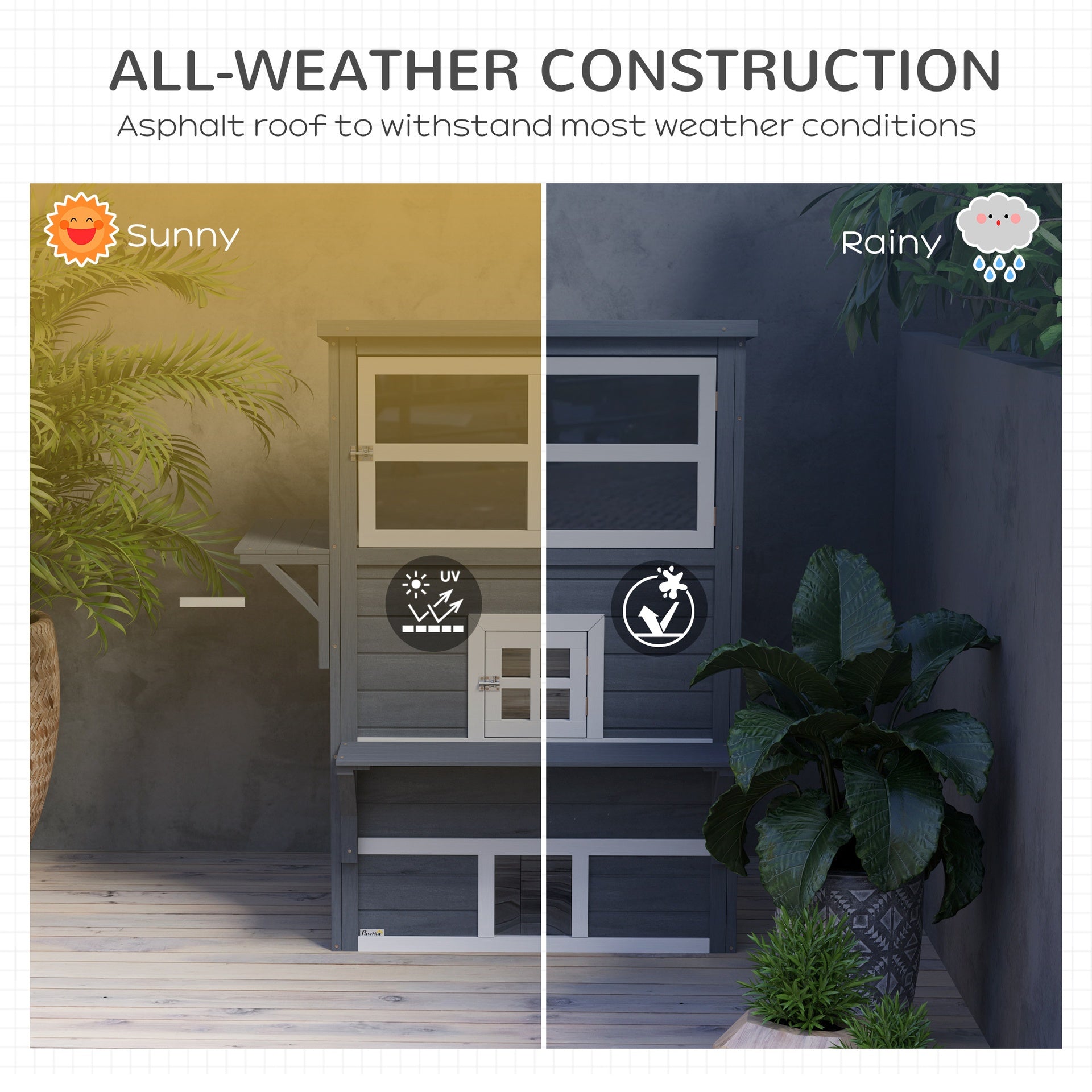 PawHut 3-Story Cat House Feral Cat Shelter, Outdoor Kitten Condo with Raised Floor, Asphalt Roof, Escape Doors, Jumping Platforms, Dark Gray