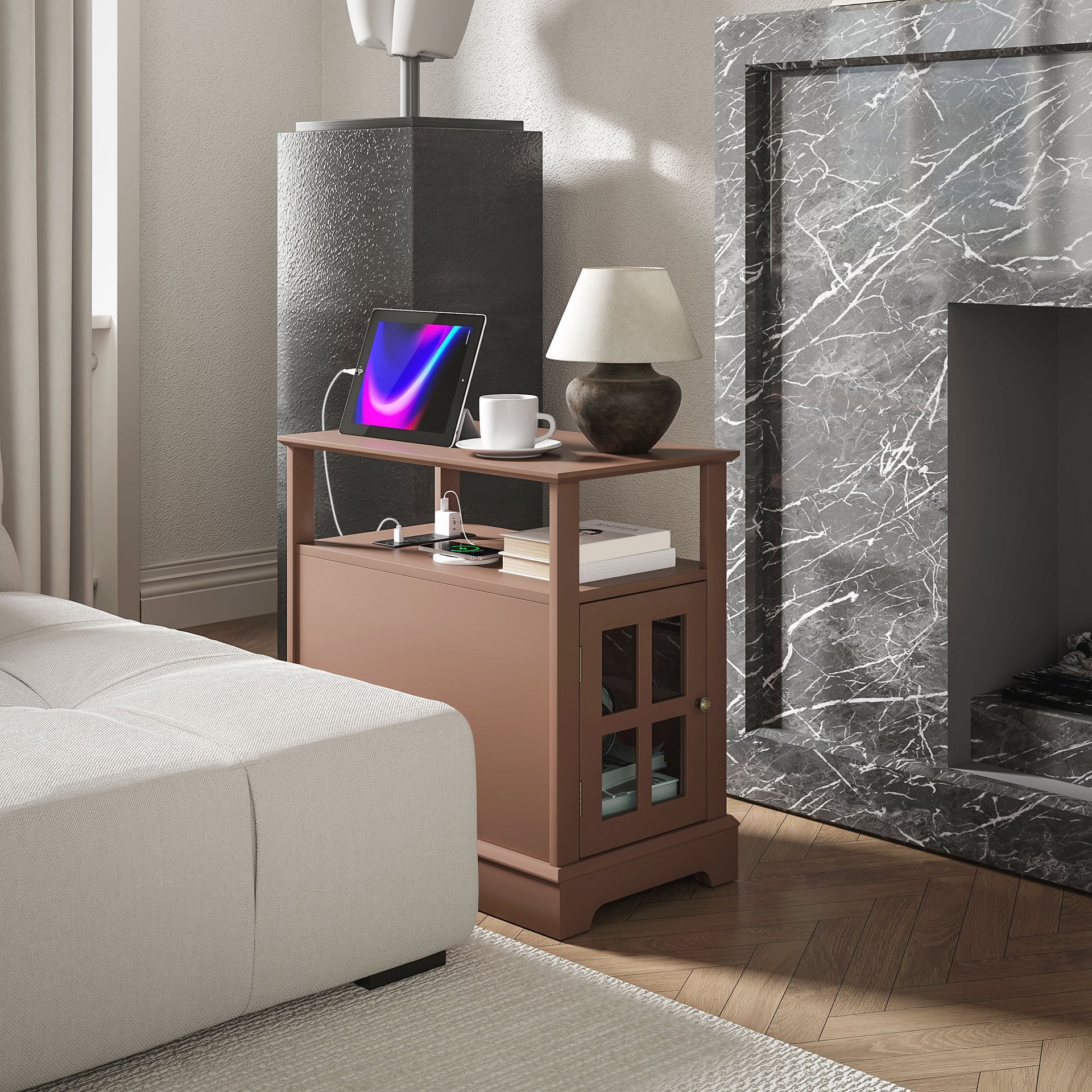 HOMCOM End Table with Charging Station, Narrow Side Table with USB Ports and Outlets, Small Table with Hidden Storage and Open Shelf for Living Room, Brown