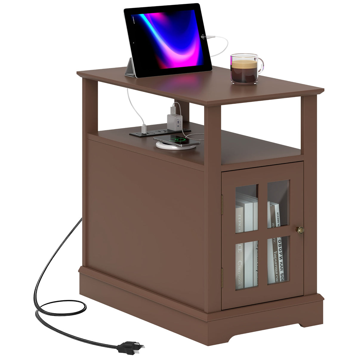 HOMCOM End Table with Charging Station, Narrow Side Table with USB Ports and Outlets, Small Table with Hidden Storage and Open Shelf for Living Room, Brown