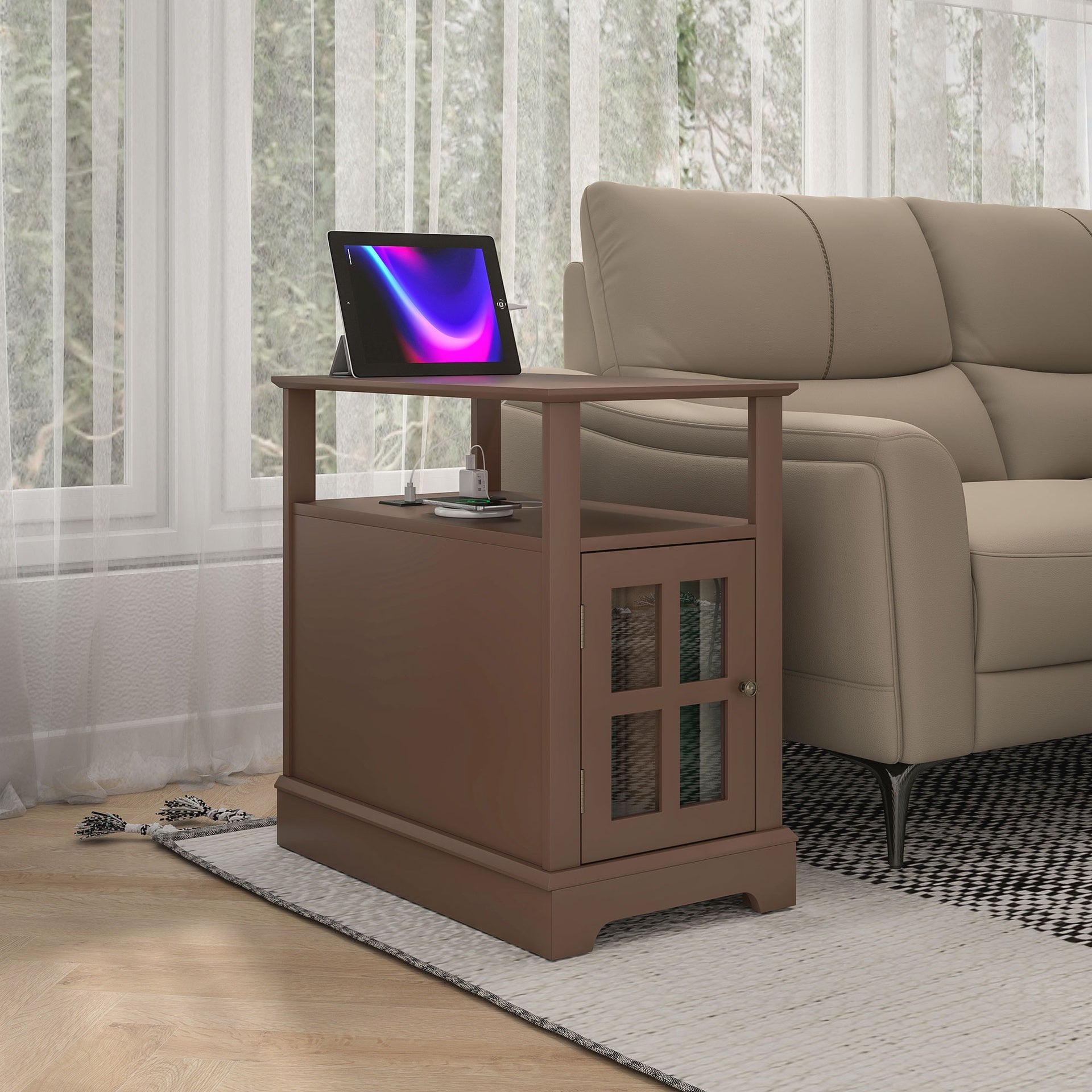 HOMCOM End Table with Charging Station, Narrow Side Table with USB Ports and Outlets, Small Table with Hidden Storage and Open Shelf for Living Room, Brown
