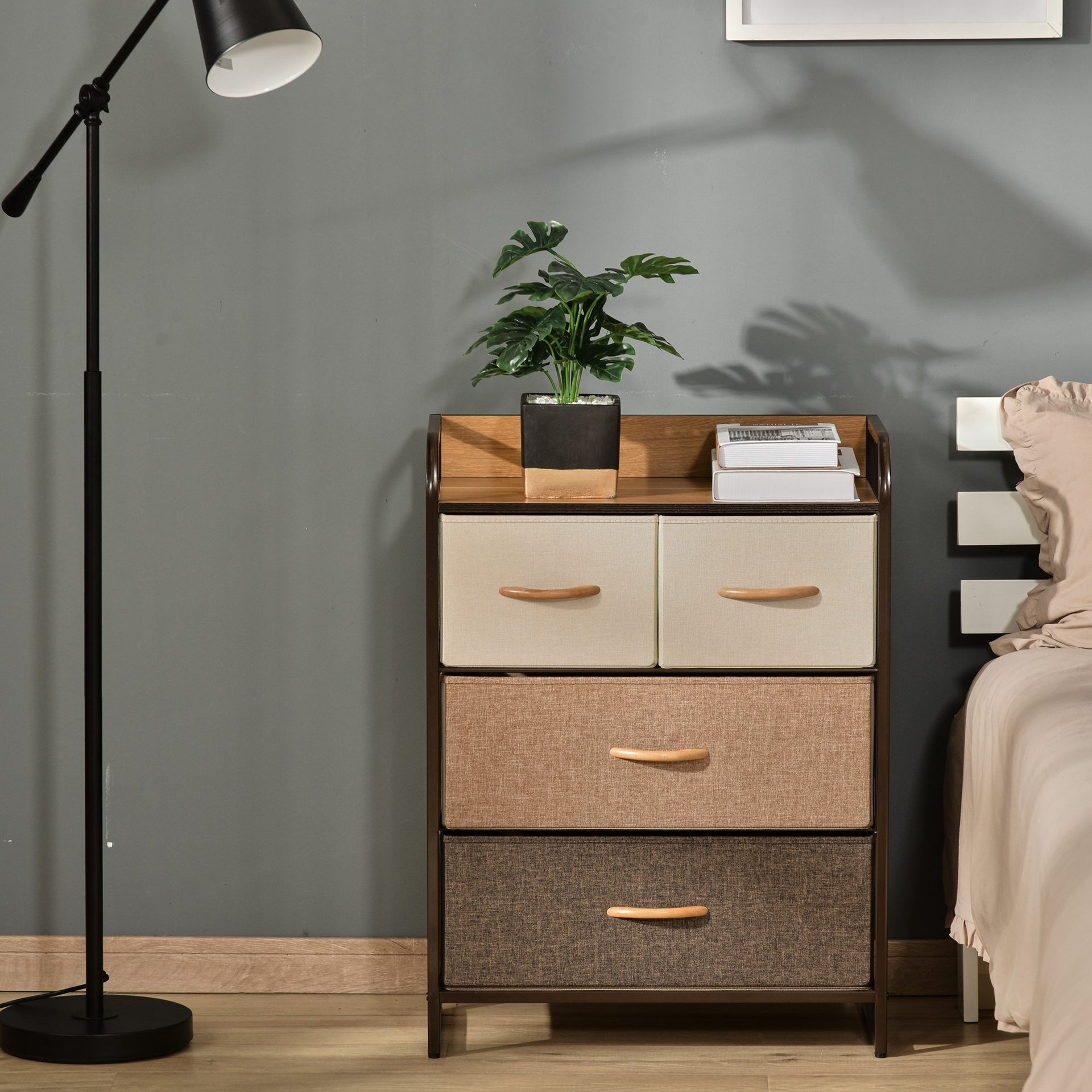 HOMCOM 4-Drawer Dresser, Fabric Drawers, 3-Tier Storage Organizer for Bedroom Entryway, Tower Unit with Steel Frame and Wooden Top, Maple Wood